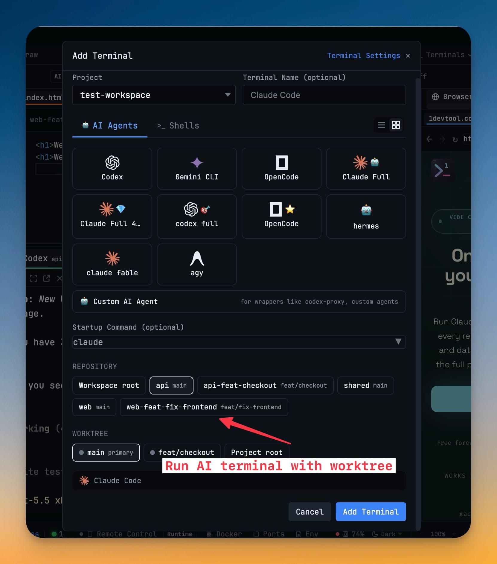 AI-päätteen käynnistäminen tietyssä repositoriossa tai worktreessa