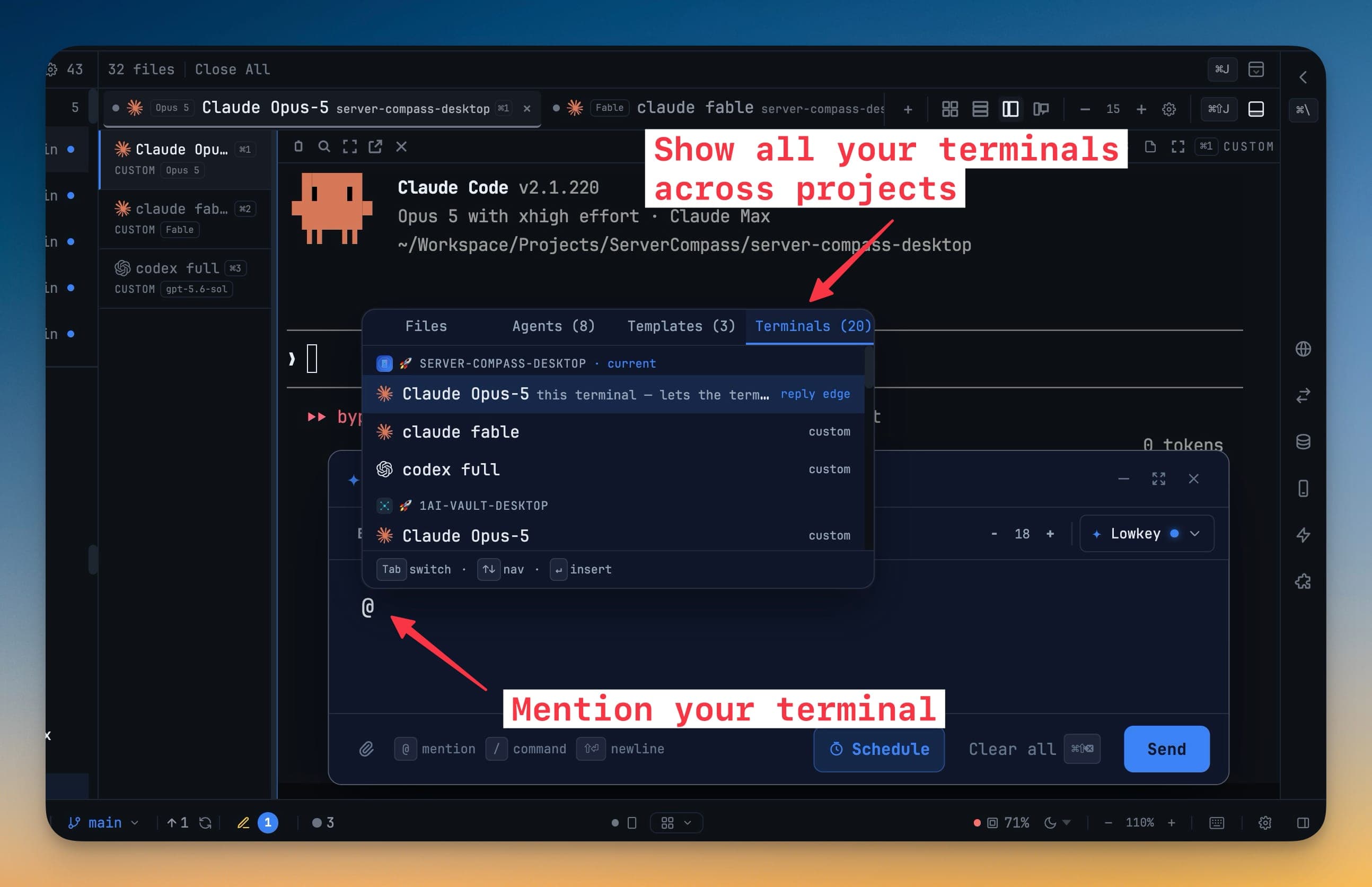 멘션 피커의 Terminals 탭이 열려 있는 AI 터미널을 프로젝트별로 나열한 모습