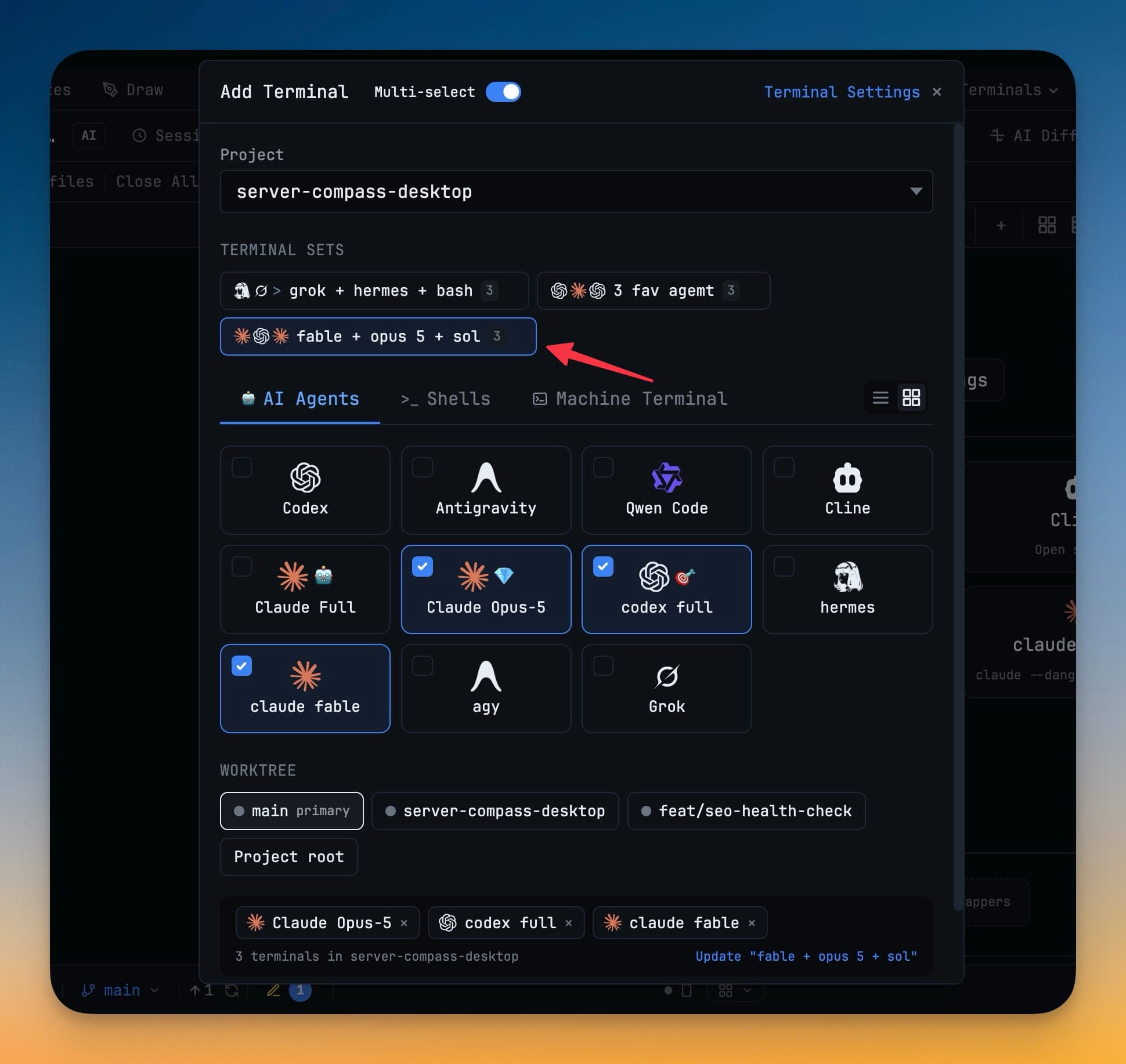 กล่องโต้ตอบ Add Terminal ที่เปิด Multi-select พร้อมชุดเทอร์มินัลที่บันทึกไว้เป็นชิป และ agent สามตัวถูกติ๊ก