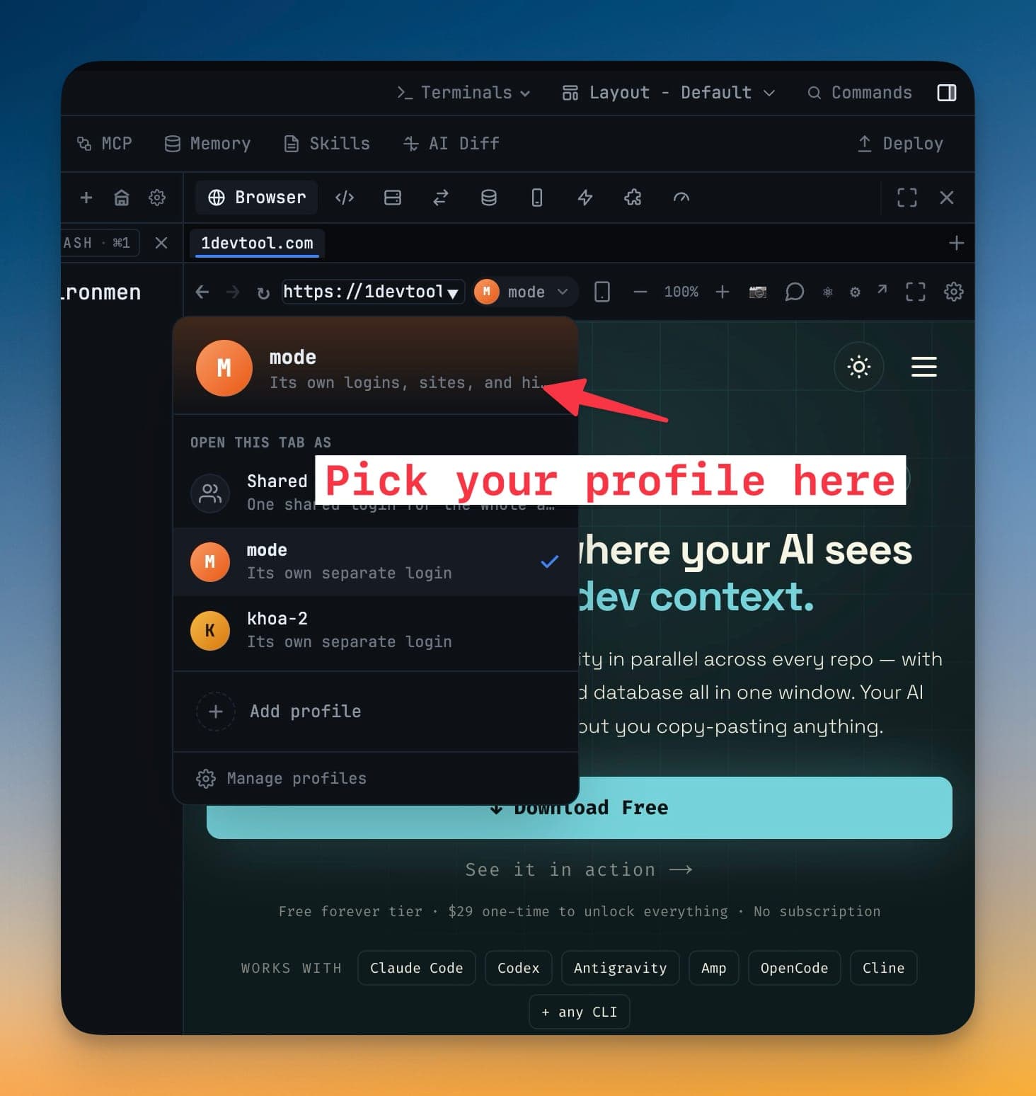 Per-tab profile picker open in the browser toolbar, listing Shared, mode (checked) and khoa-2 under Open this tab as