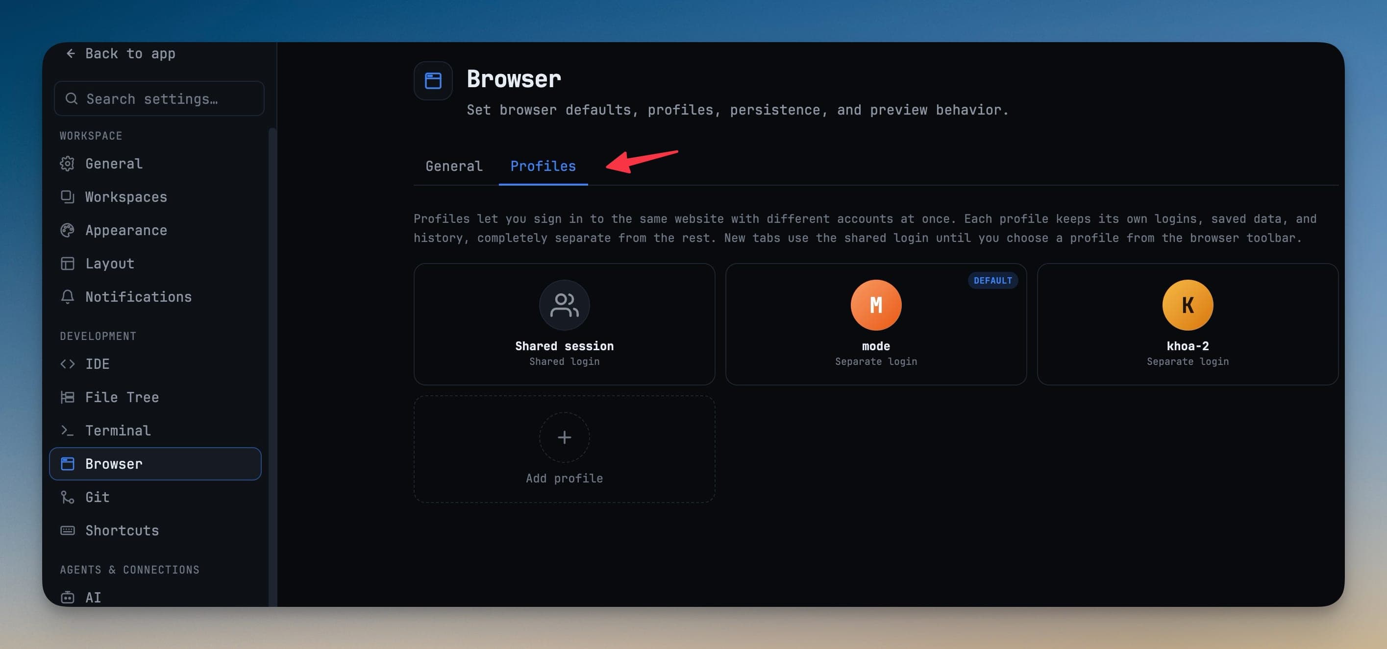 Settings, Browser, Profiles tab showing a Shared session card beside the mode (default) and khoa-2 separate-login profiles, each with its own cookies and history