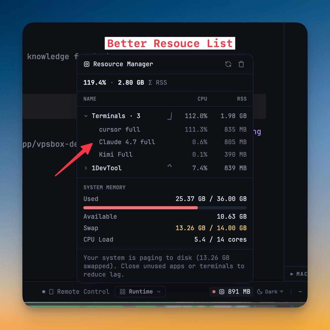 The Resource Manager popover listing three terminals with per-process CPU and RSS, plus system memory, swap and CPU load