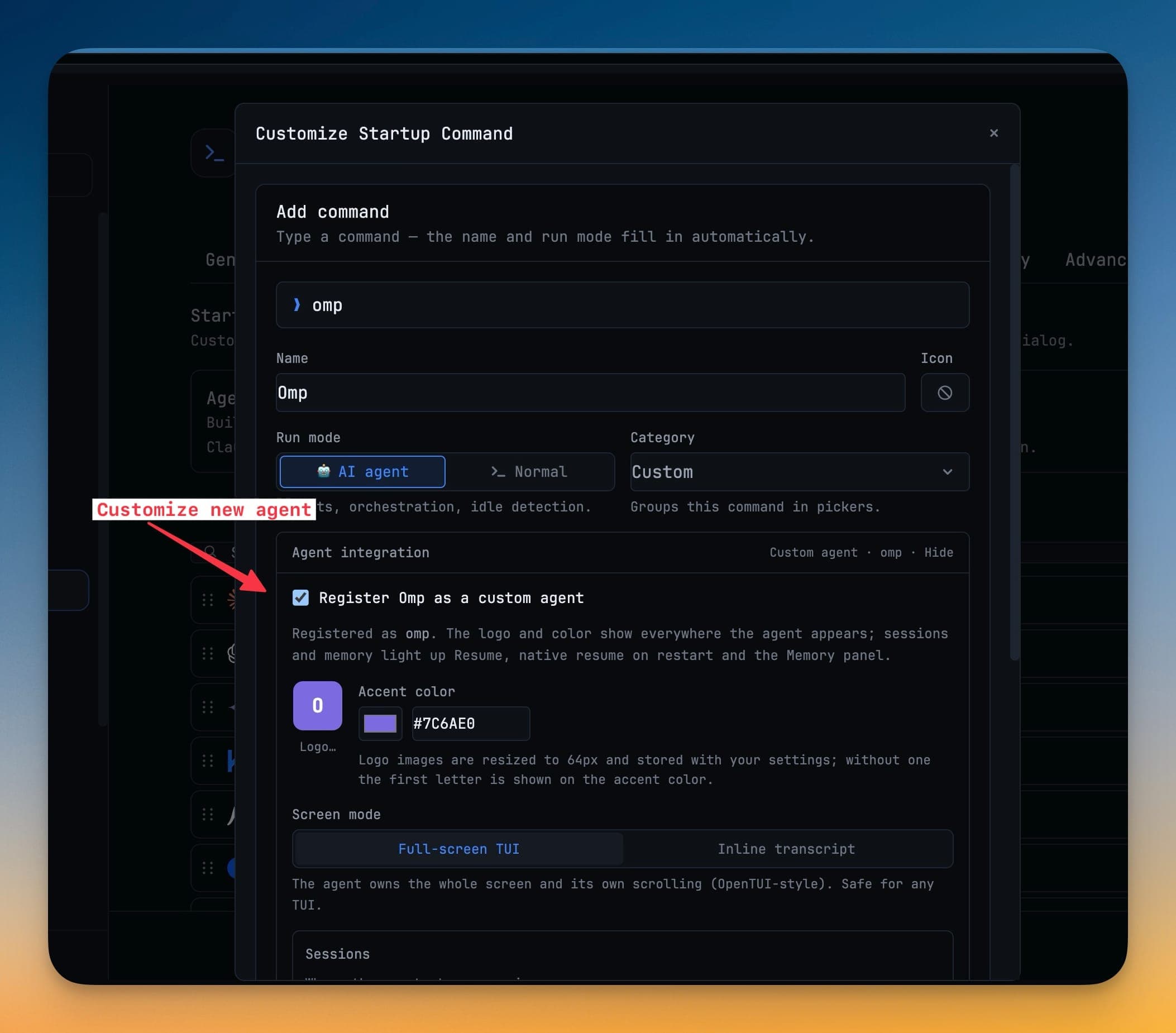 The Customize Startup Command dialog registering a CLI as a custom agent, with Run mode set to AI agent and the Agent integration panel open