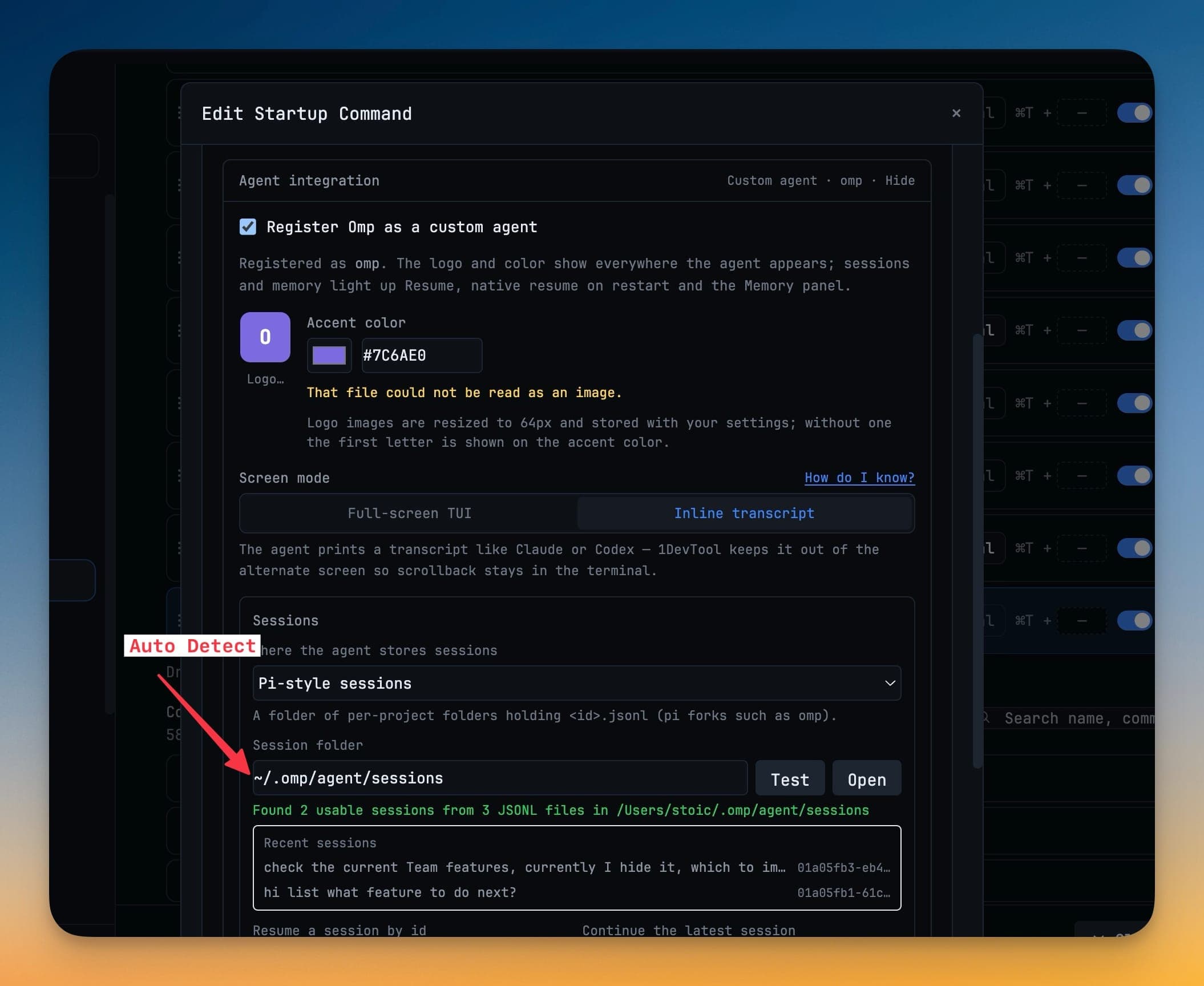 A custom agent with Pi-style sessions detected and two recent sessions previewed before saving