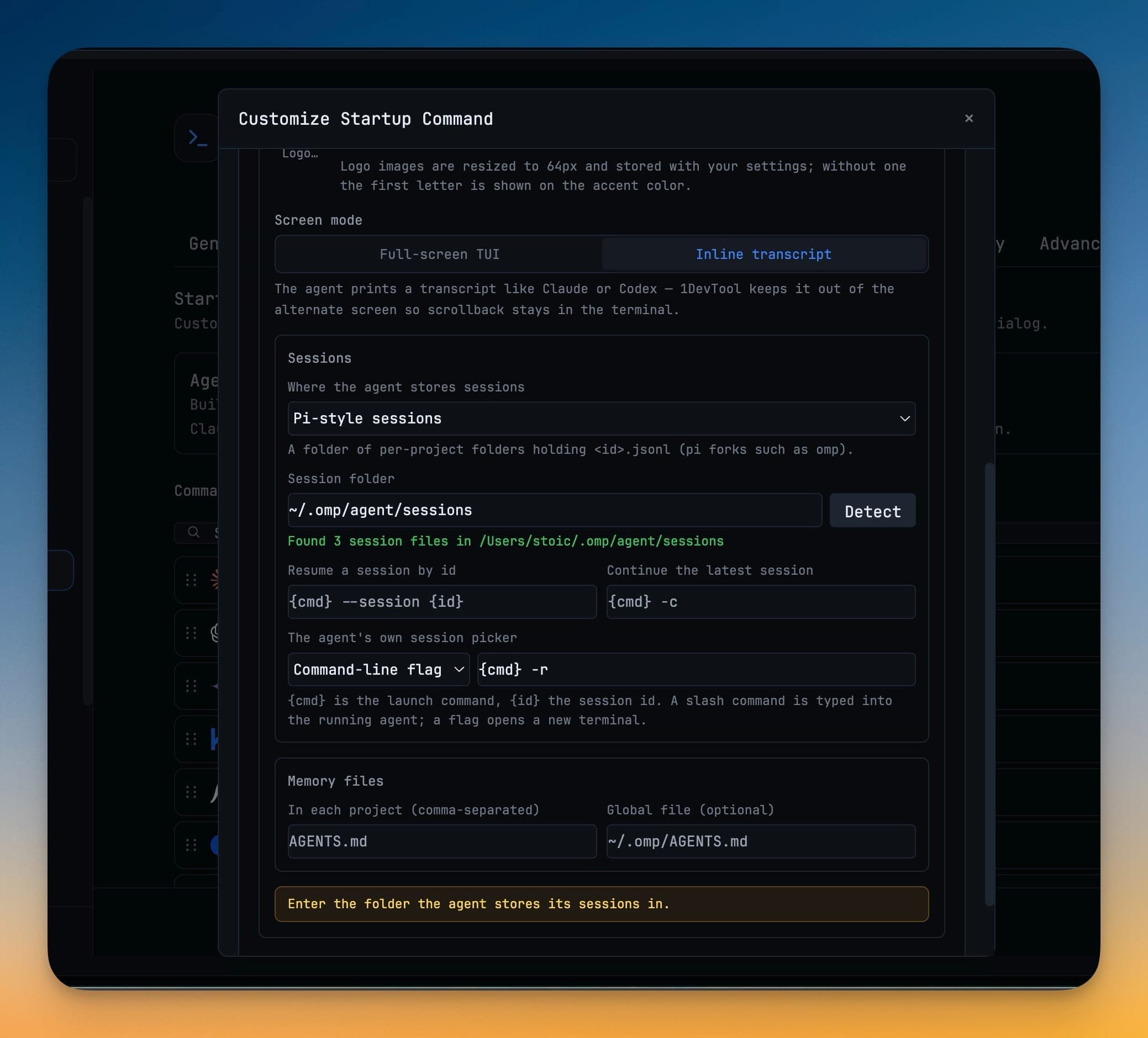 The Sessions panel showing resume, continue and picker templates alongside the project memory file