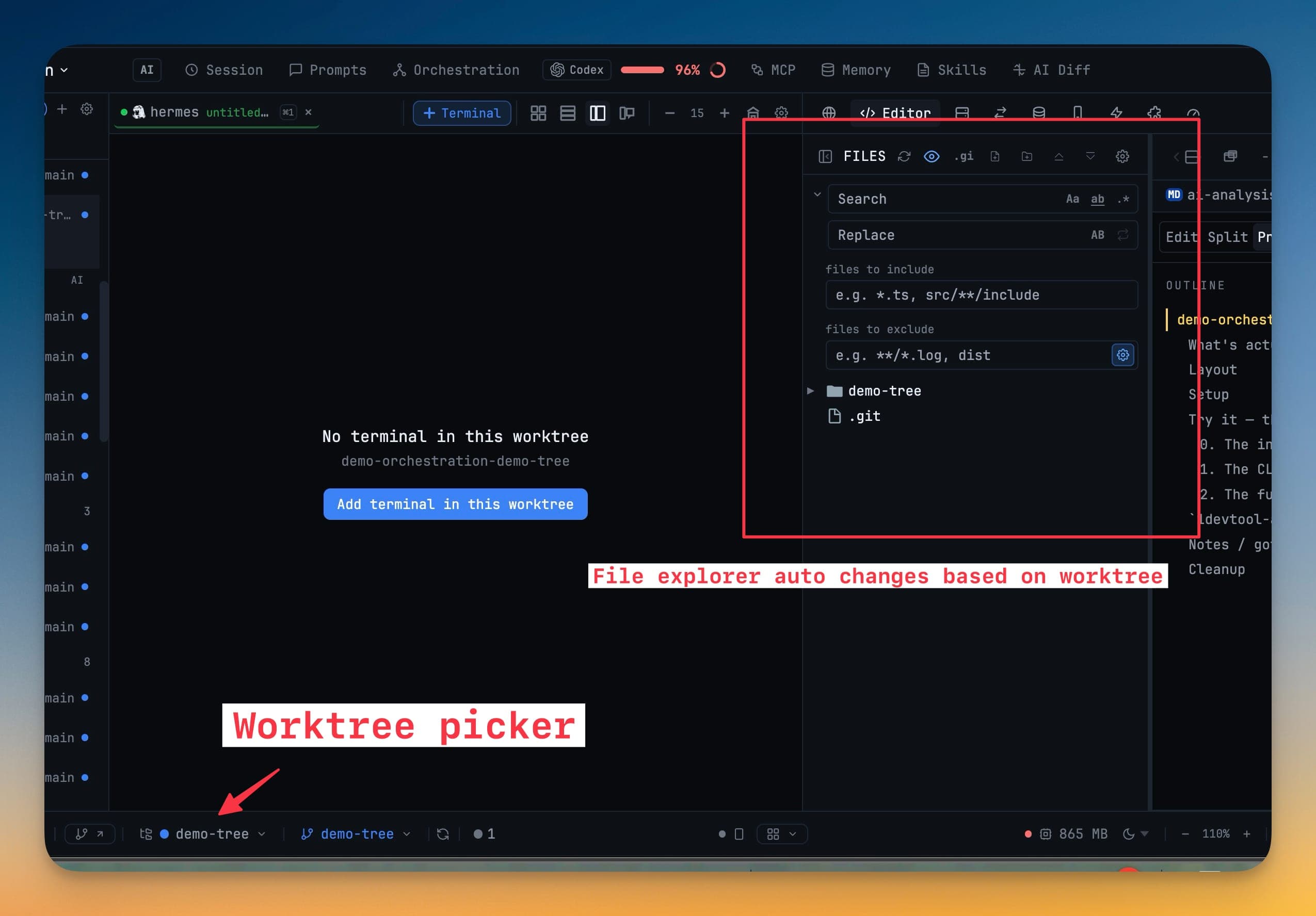 The status bar worktree picker with the No terminal in this worktree empty state and the file explorer scoped to that checkout