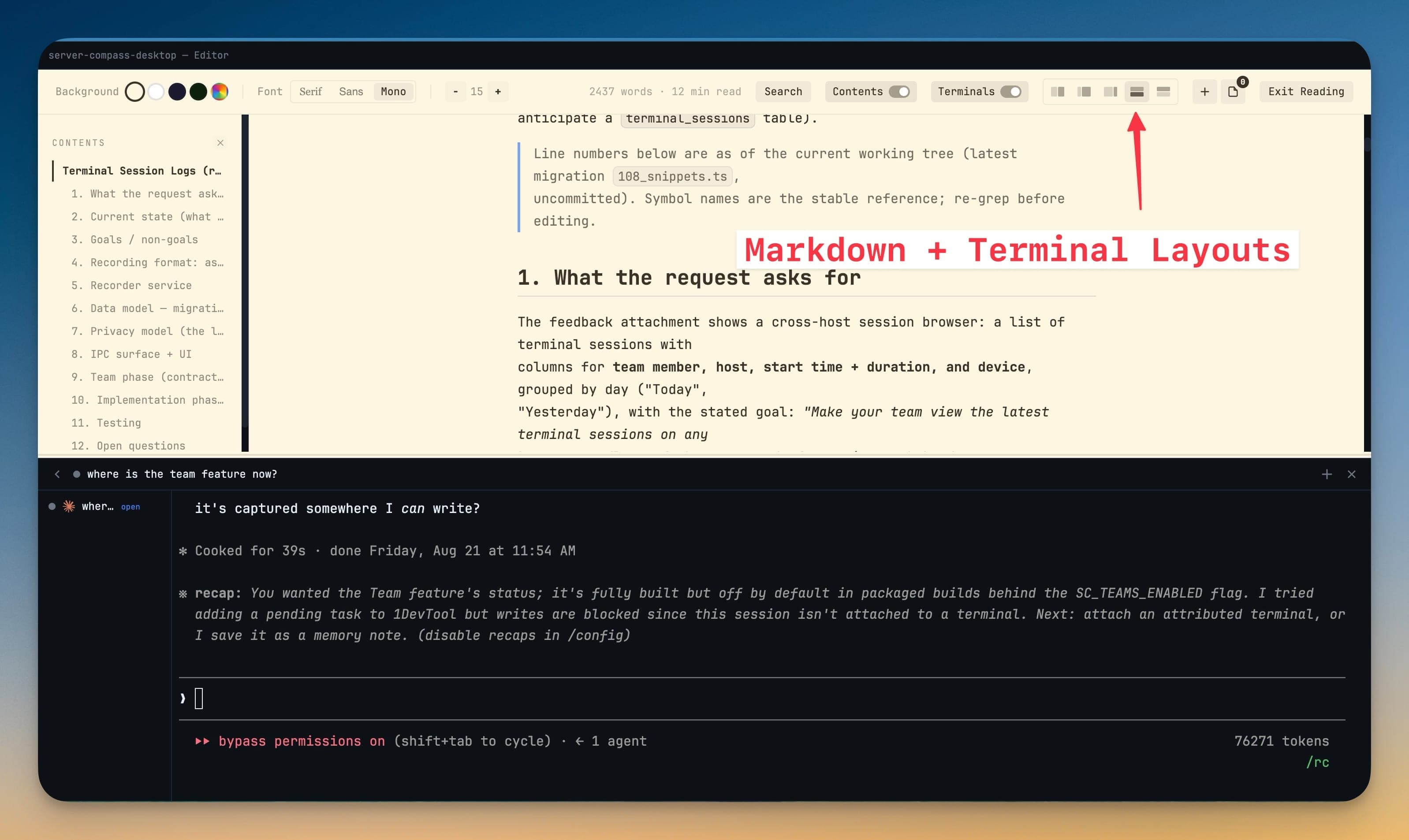 Reading Mode stacked vertically with the markdown document above and the agent terminal below