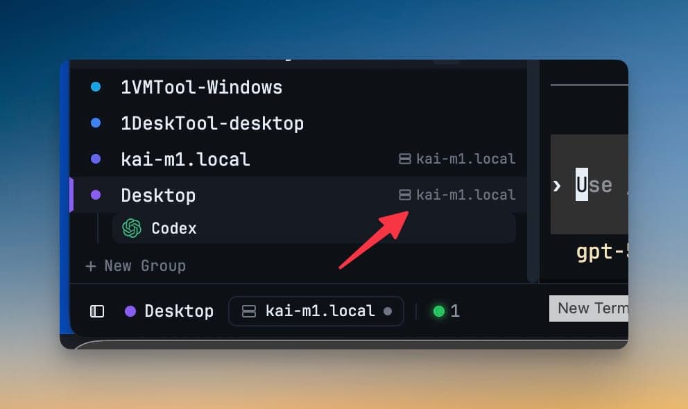 Project rows in the sidebar carrying kai-m1.local machine badges, with the status bar pill reading Desktop and kai-m1.local so the machine a project lives on is visible without opening it