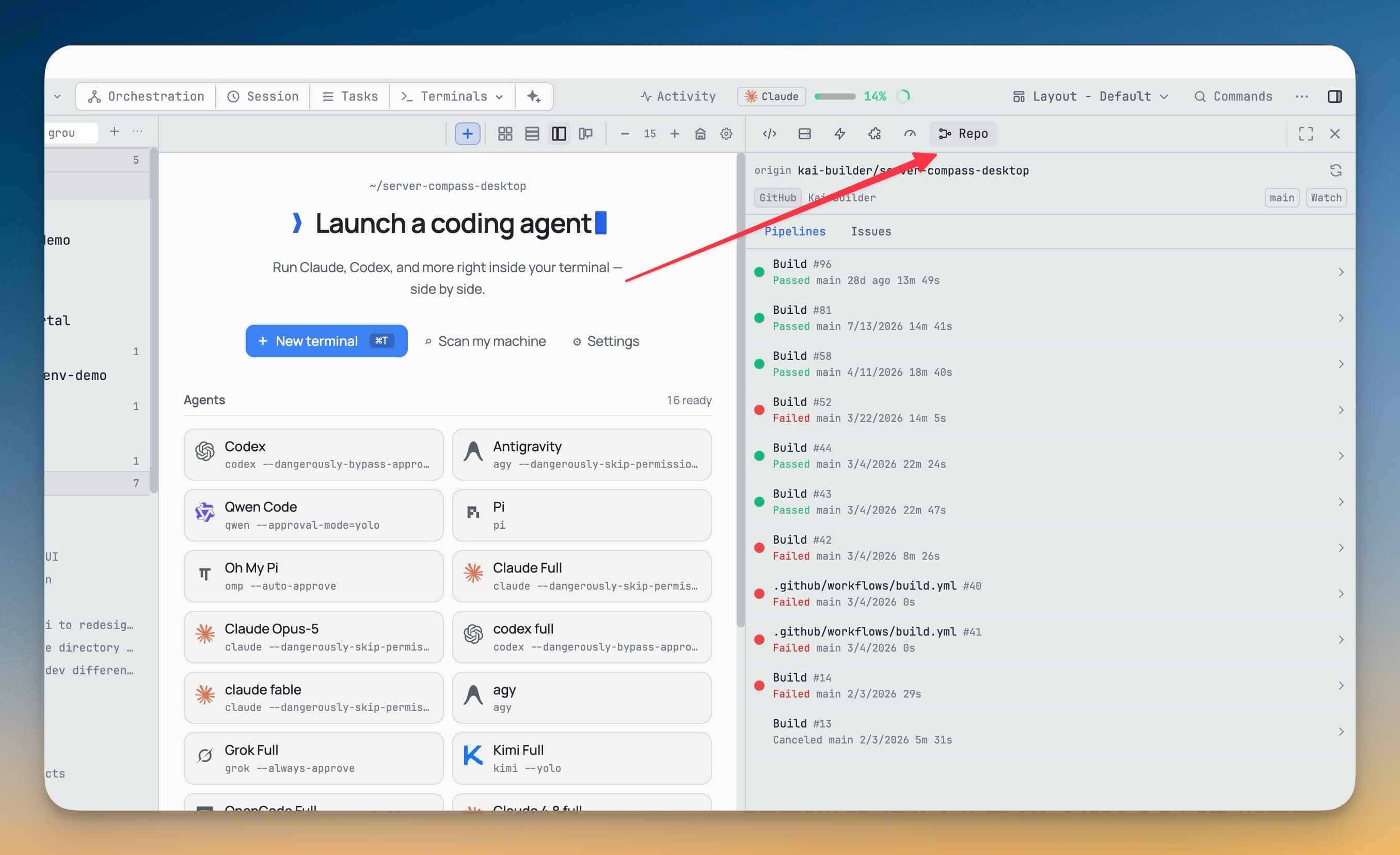 The Repo panel Pipelines tab listing CI runs for the current repo on main, each row showing a pass or fail dot, the branch, when it ran and how long it took