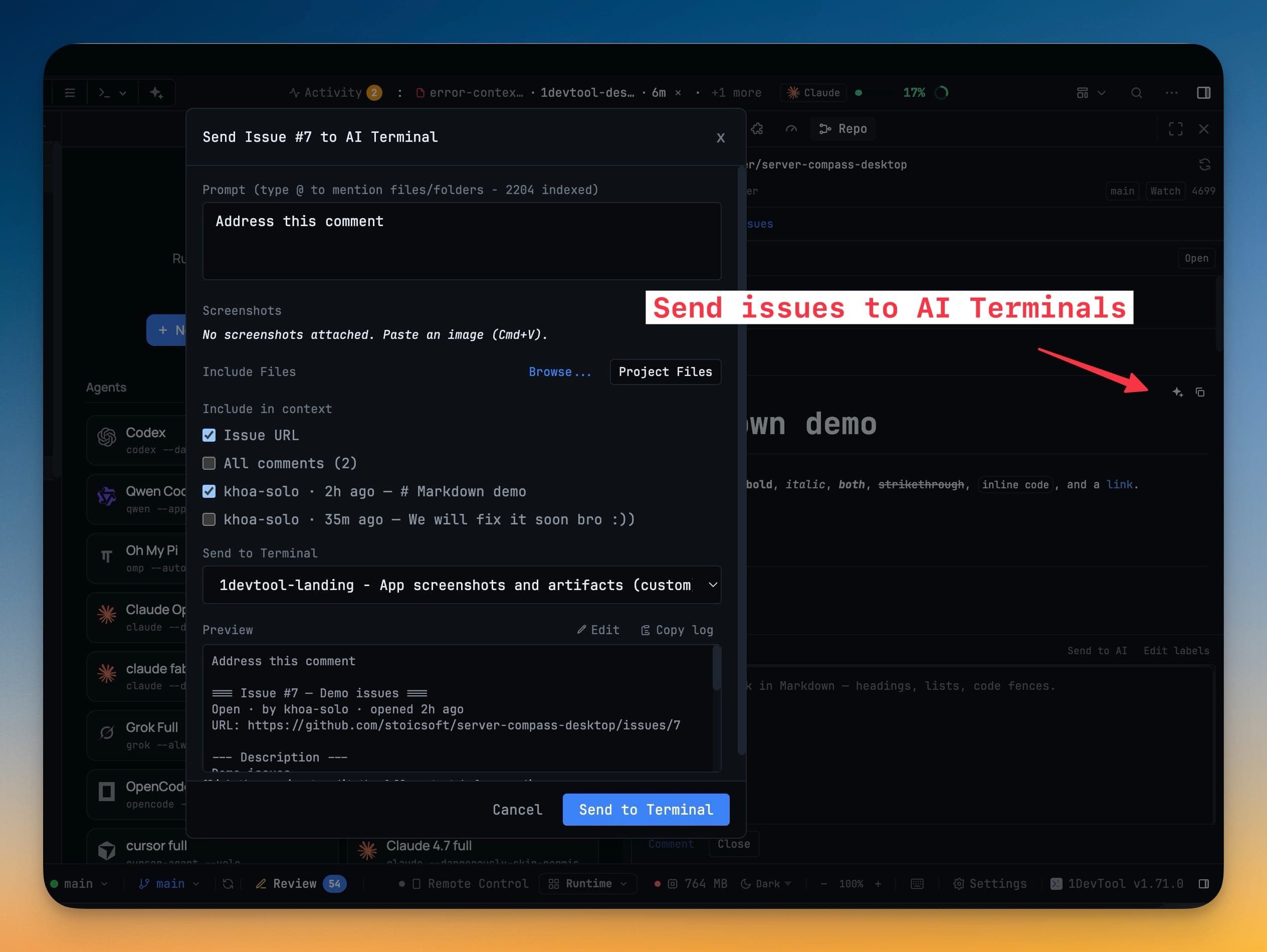 The Send Issue to AI Terminal dialog with checkboxes selecting which comments and the issue URL to include as context, a target terminal picker, and a preview of exactly what the agent will receive