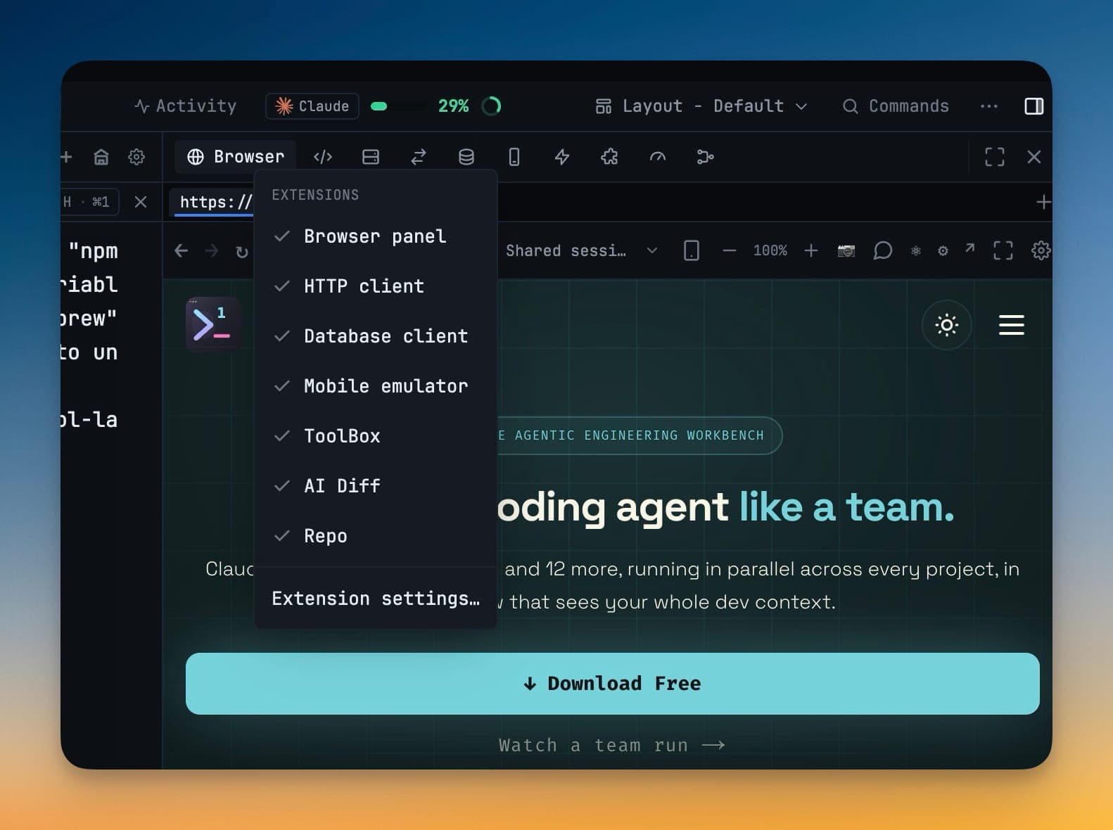 The Extensions menu opened by right-clicking the right sidebar tab strip, with checkmarks toggling Browser panel, HTTP client, Database client, Mobile emulator, ToolBox, AI Diff and Repo without opening Settings