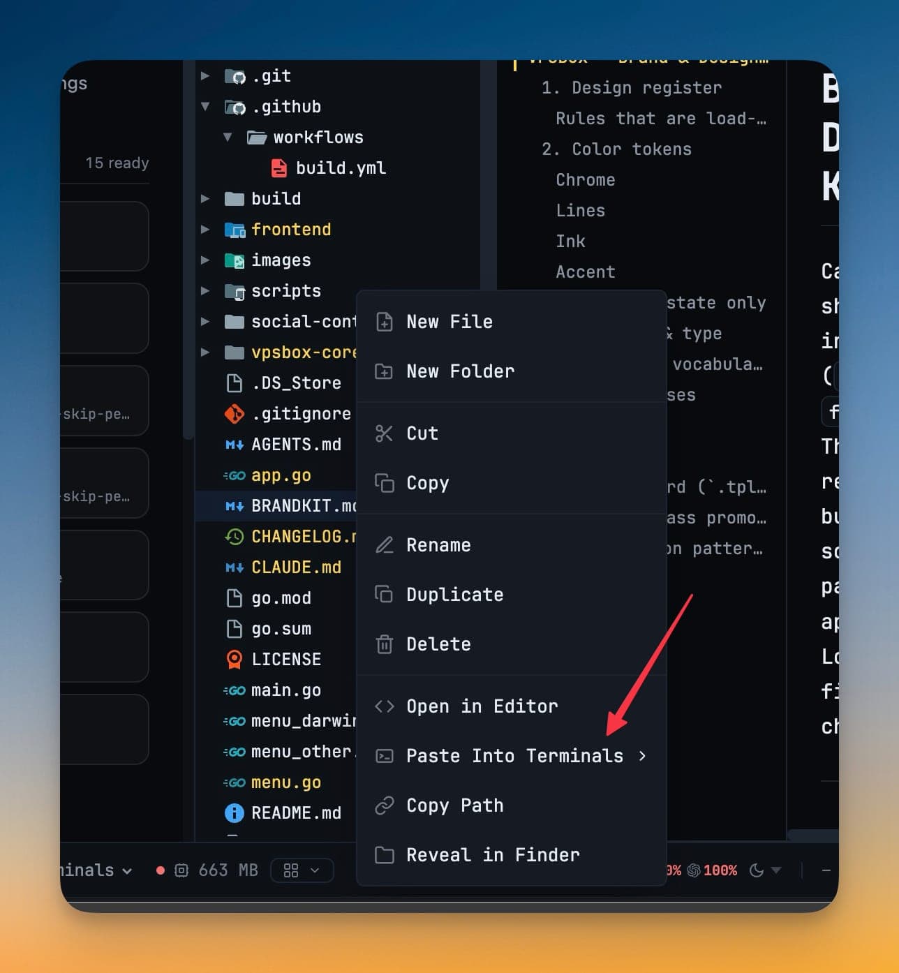 The file explorer's right-click menu open on a file, with the new Paste Into Terminals submenu sitting between Open in Editor and Copy Path