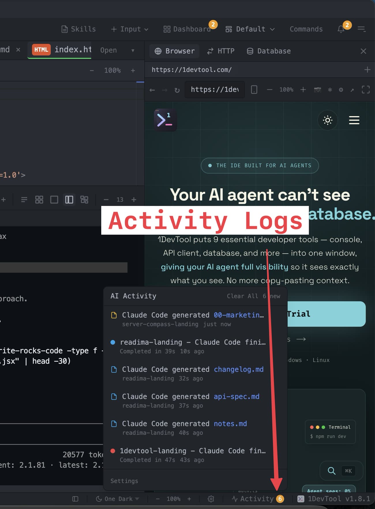 Activity logs view for monitoring AI terminal completion events