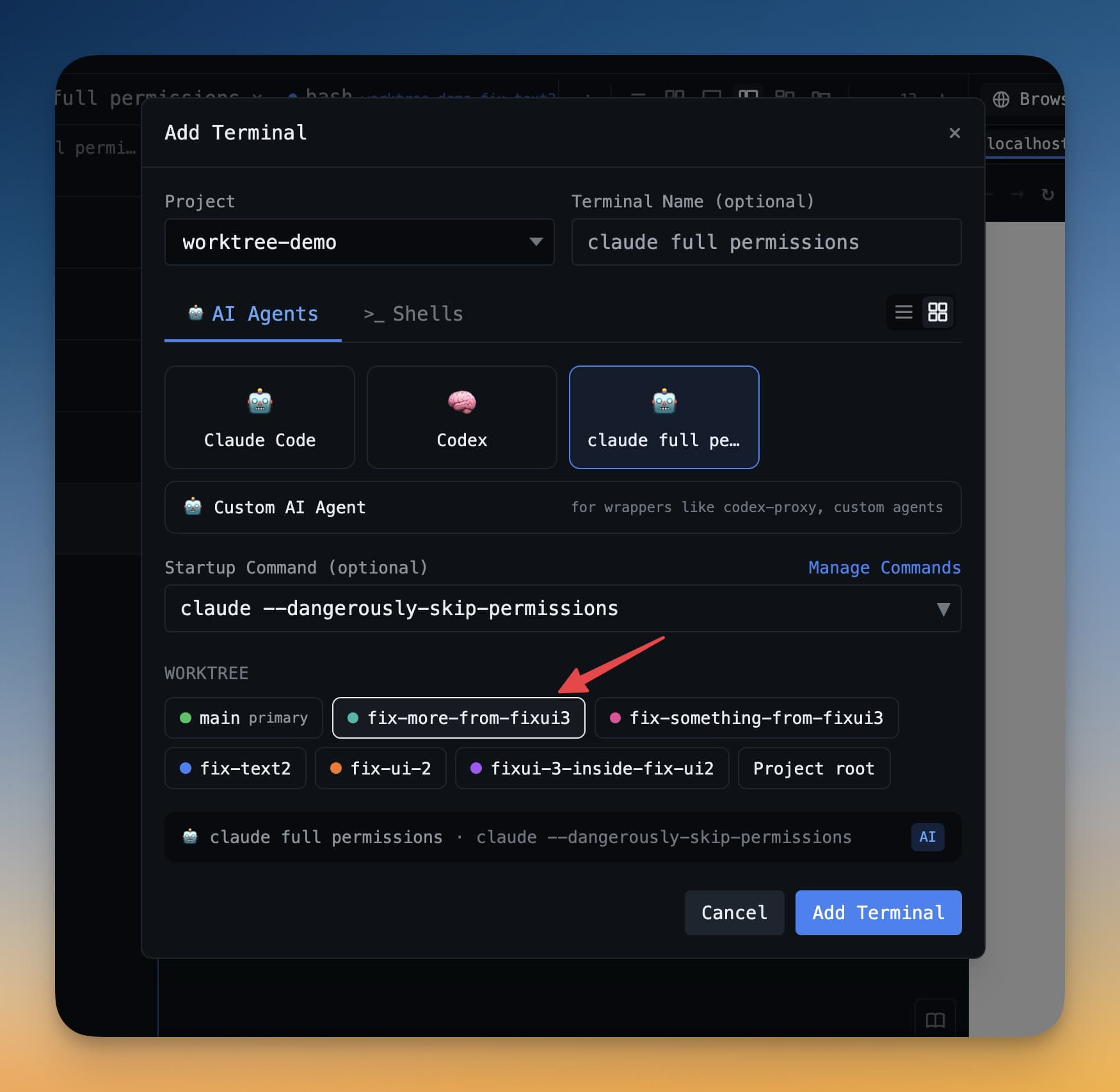 เพิ่ม terminal สำหรับ git worktree