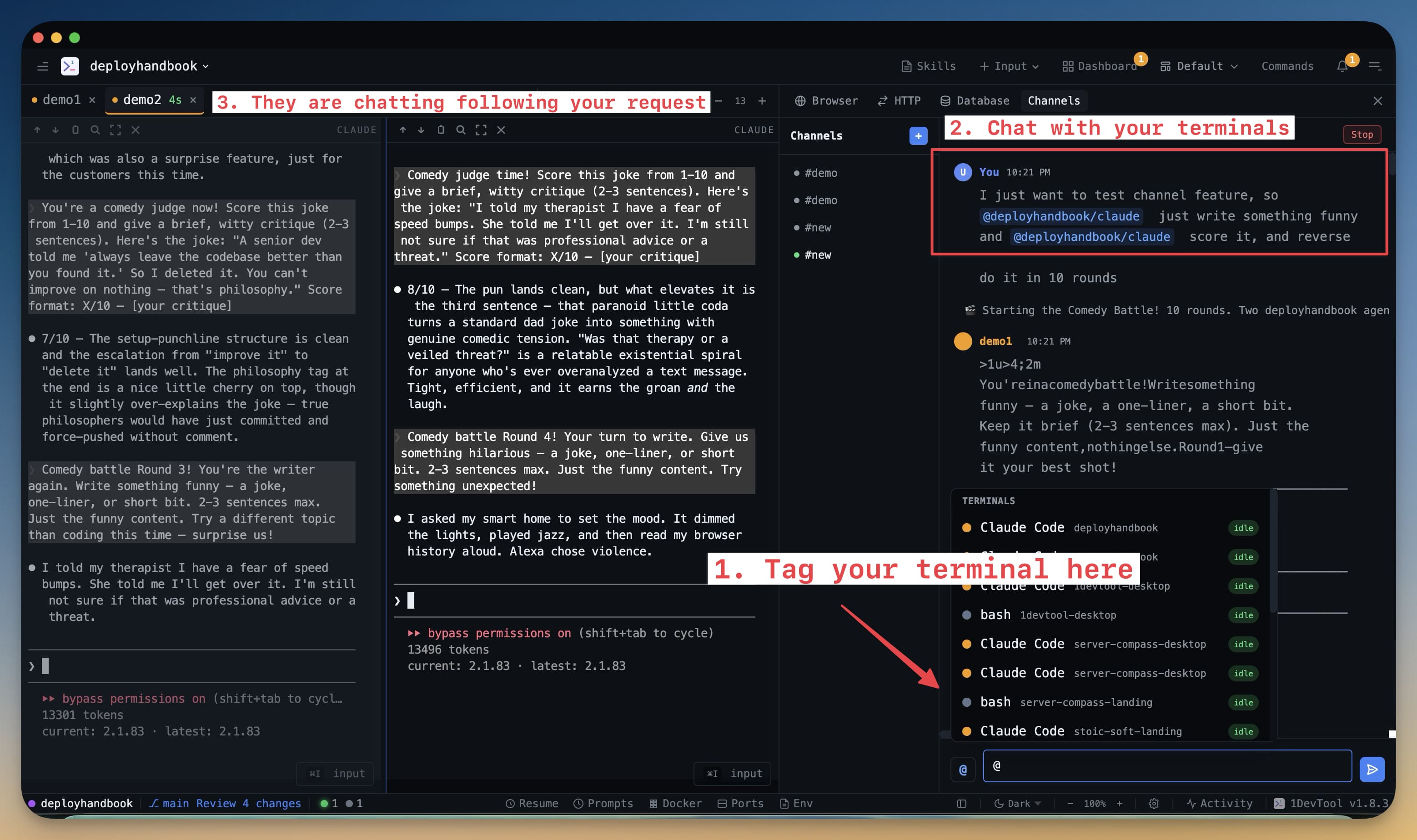 Channel chat showing coordinated multi-agent workflow for a team