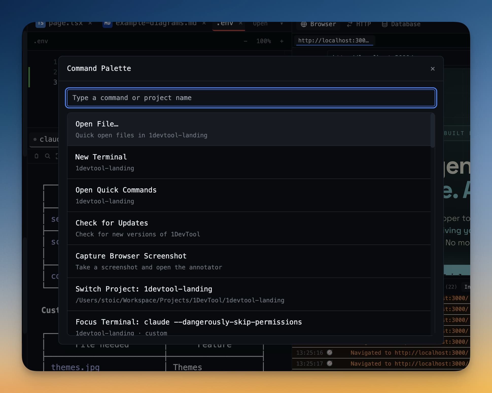 Command palette for quick access to workspace actions