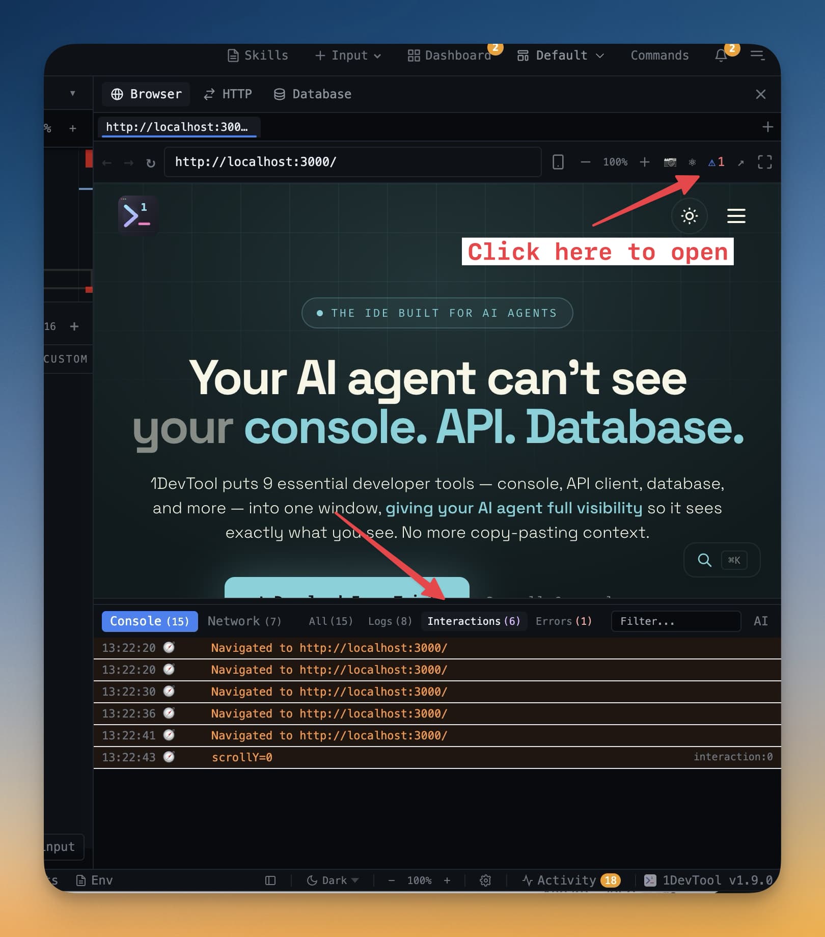 DevTools access panel for debugging frontend React behavior