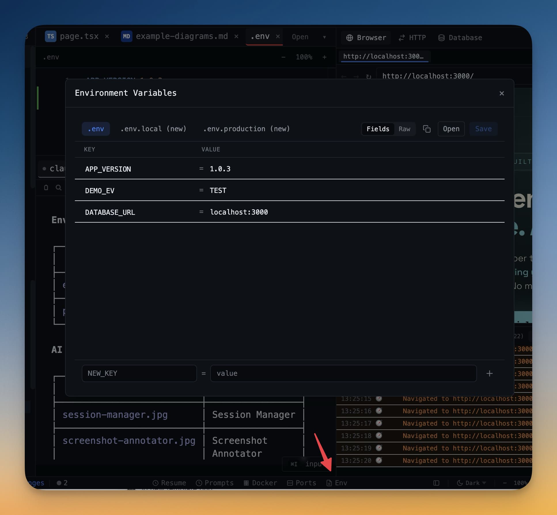 Environment manager showing project-specific variable controls