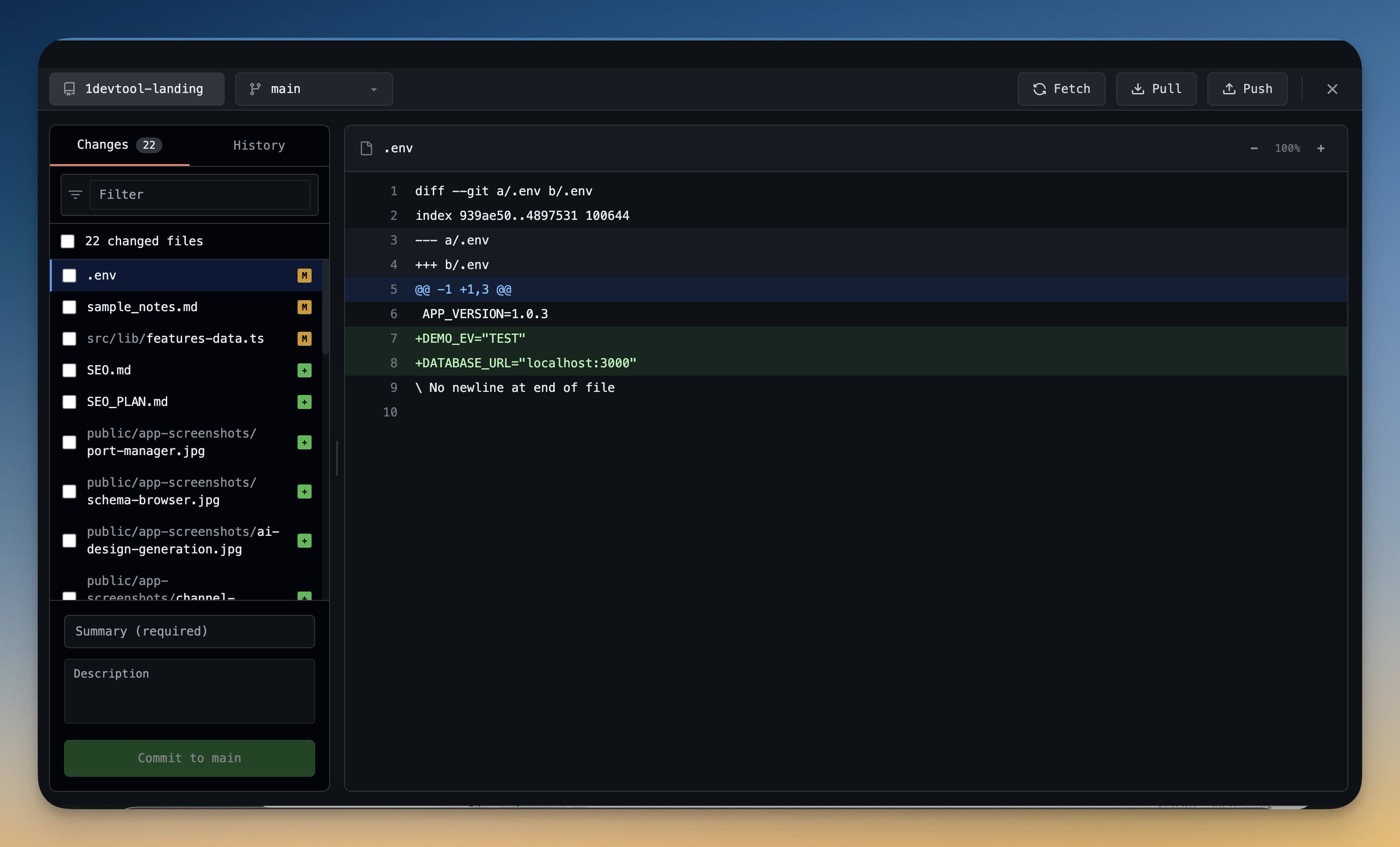 Git visual changes panel showing modified files and change status