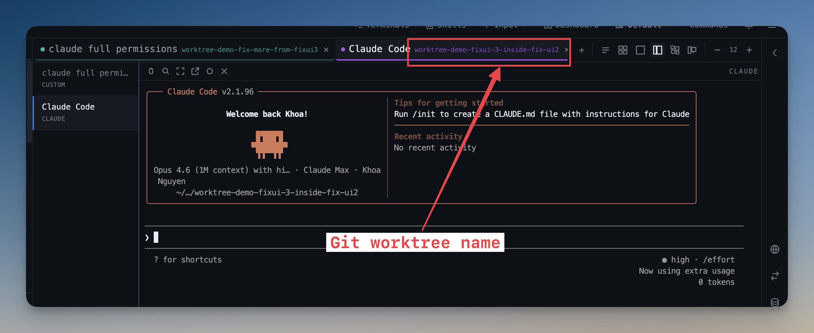 Git worktree terminal พร้อมชื่อ branch