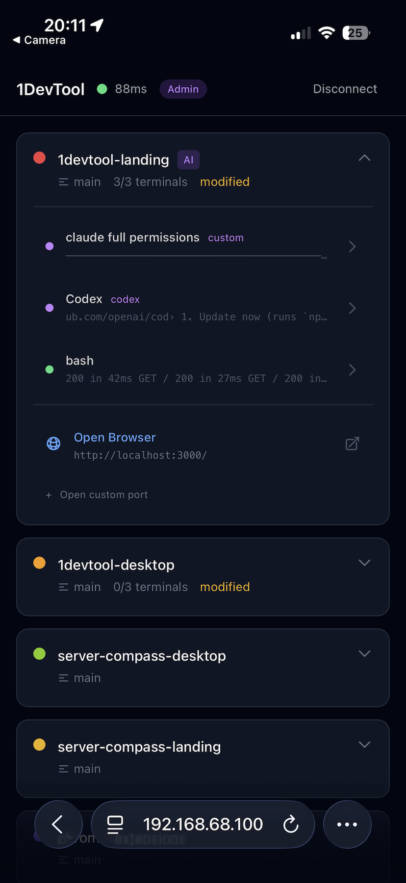 1DevTool Remote showing multiple projects and terminals on mobile