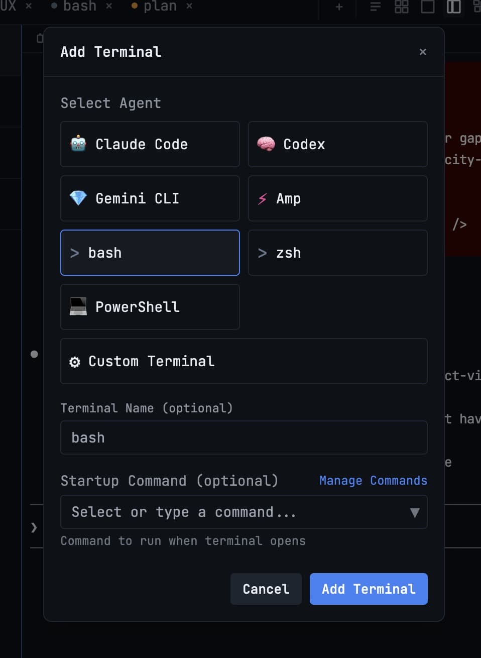 Claude Code and Codex CLI running in separate agent terminals