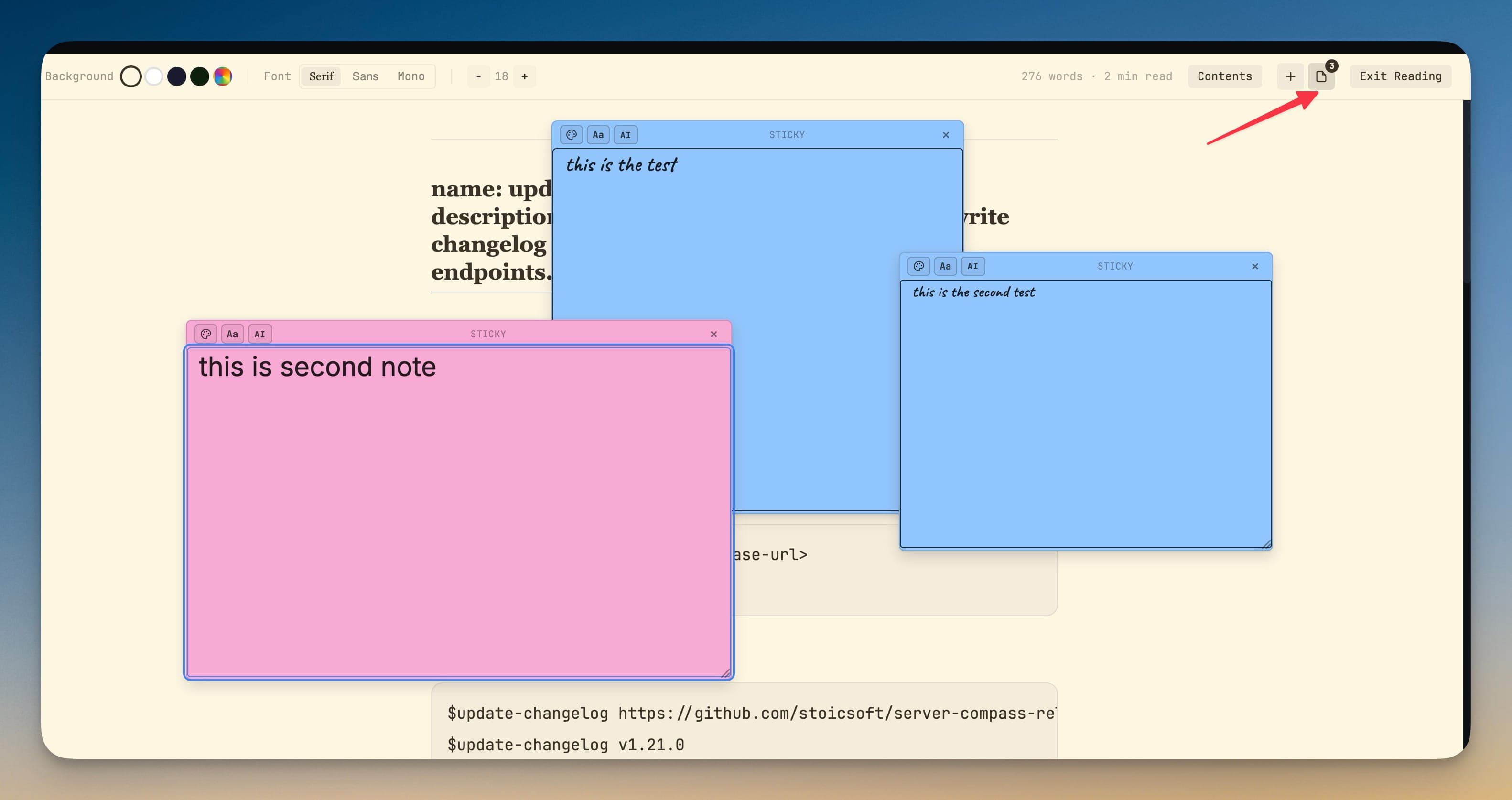 Catatan yang ditampilkan di Reader Mode