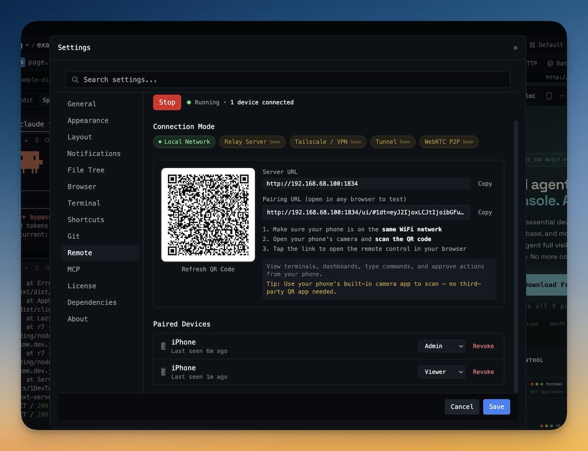 1DevTool Remote Control settings with QR code pairing