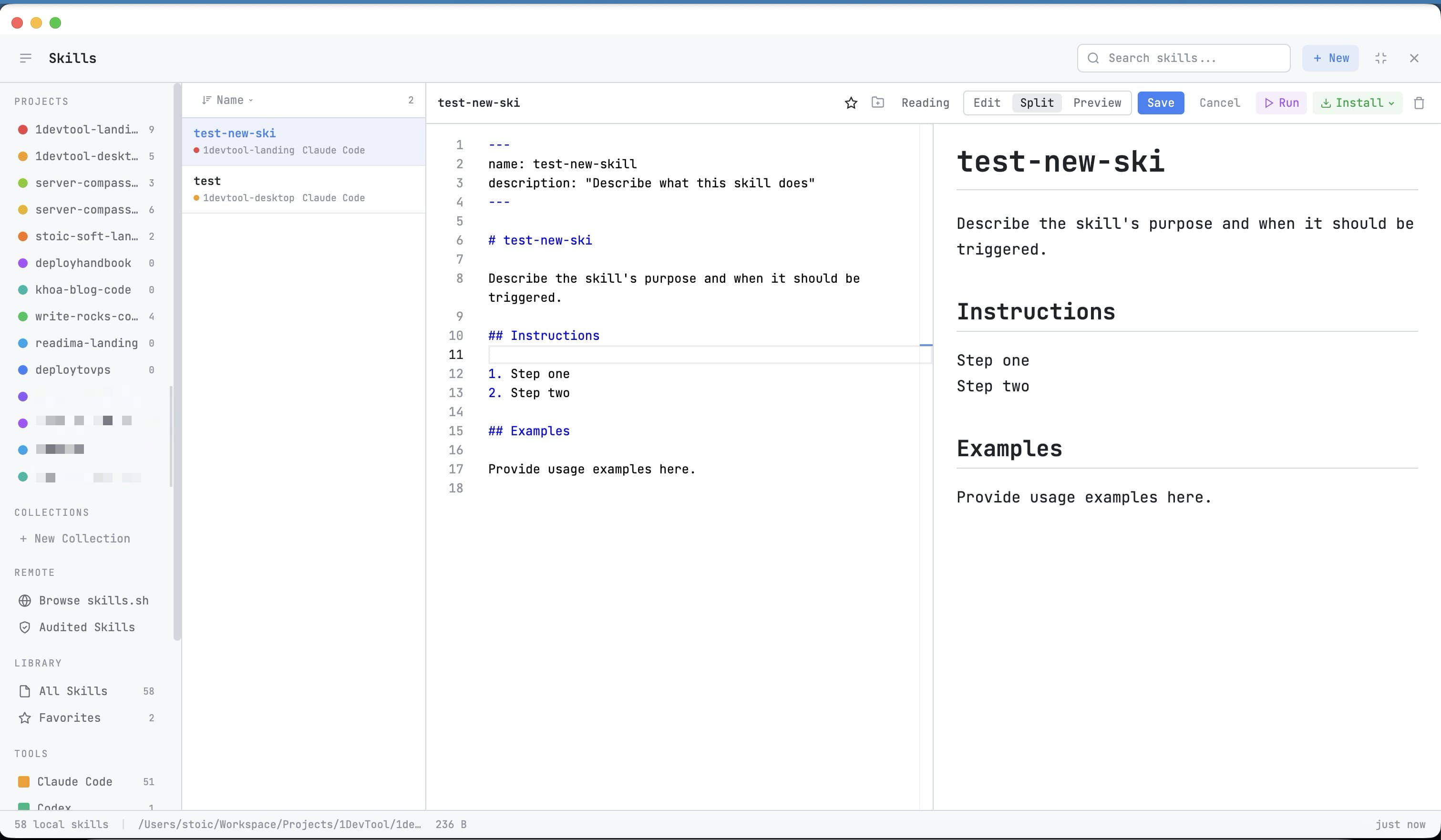 Skills editor in 1DevTool for writing reusable AI workflow instructions