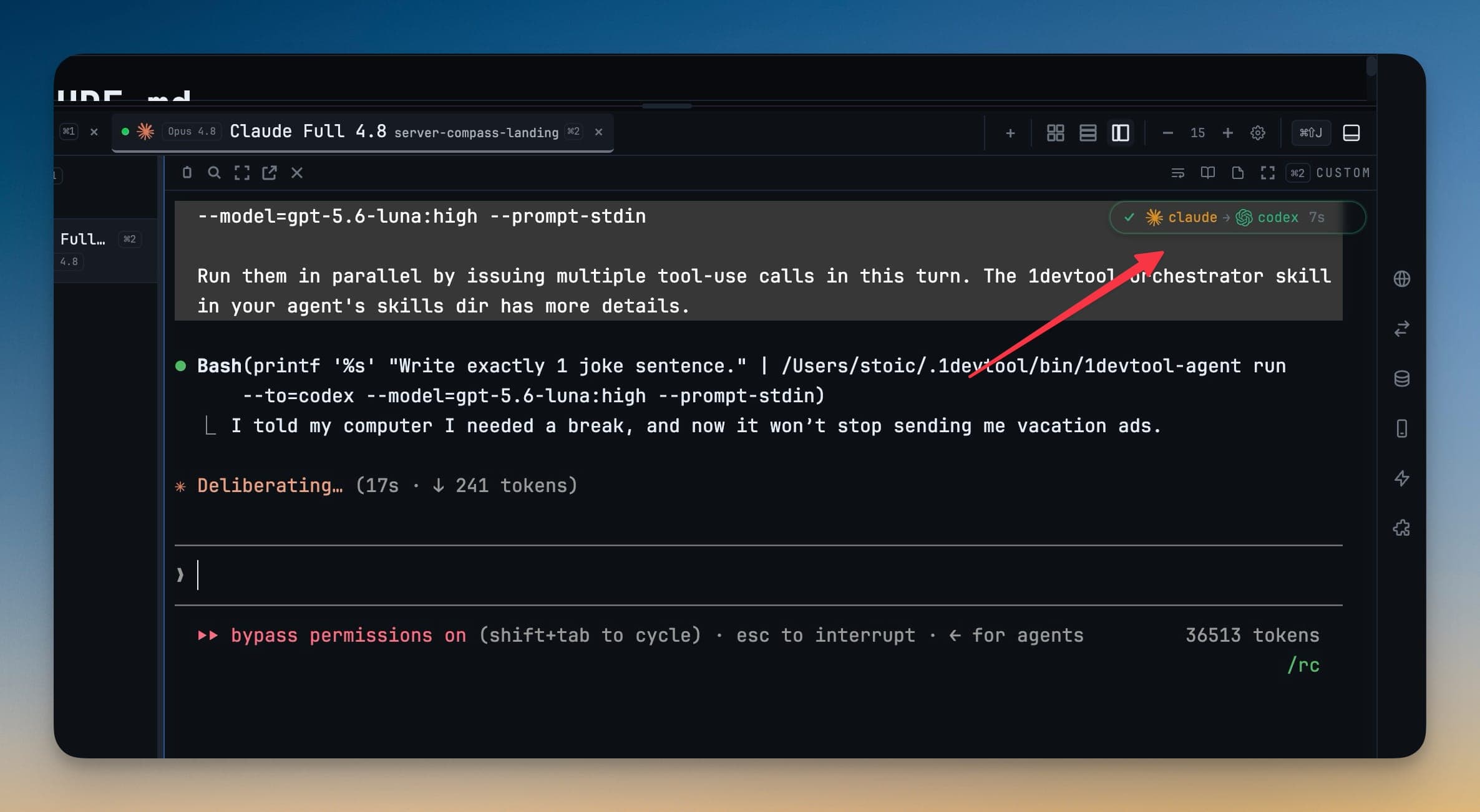 A delegated Claude-to-Codex task with the handoff badge and selected model visible in the command.