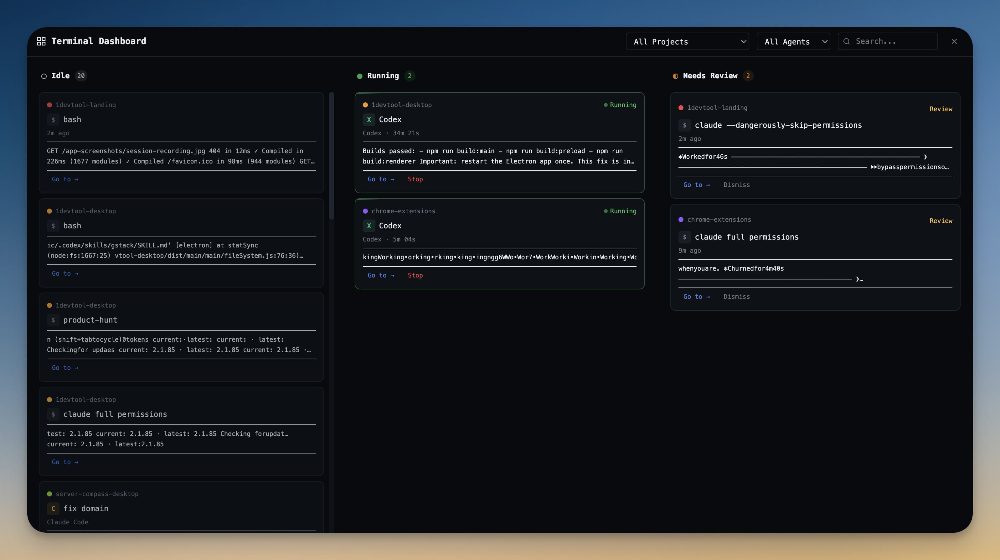Terminal dashboard showing multi-agent status across a project