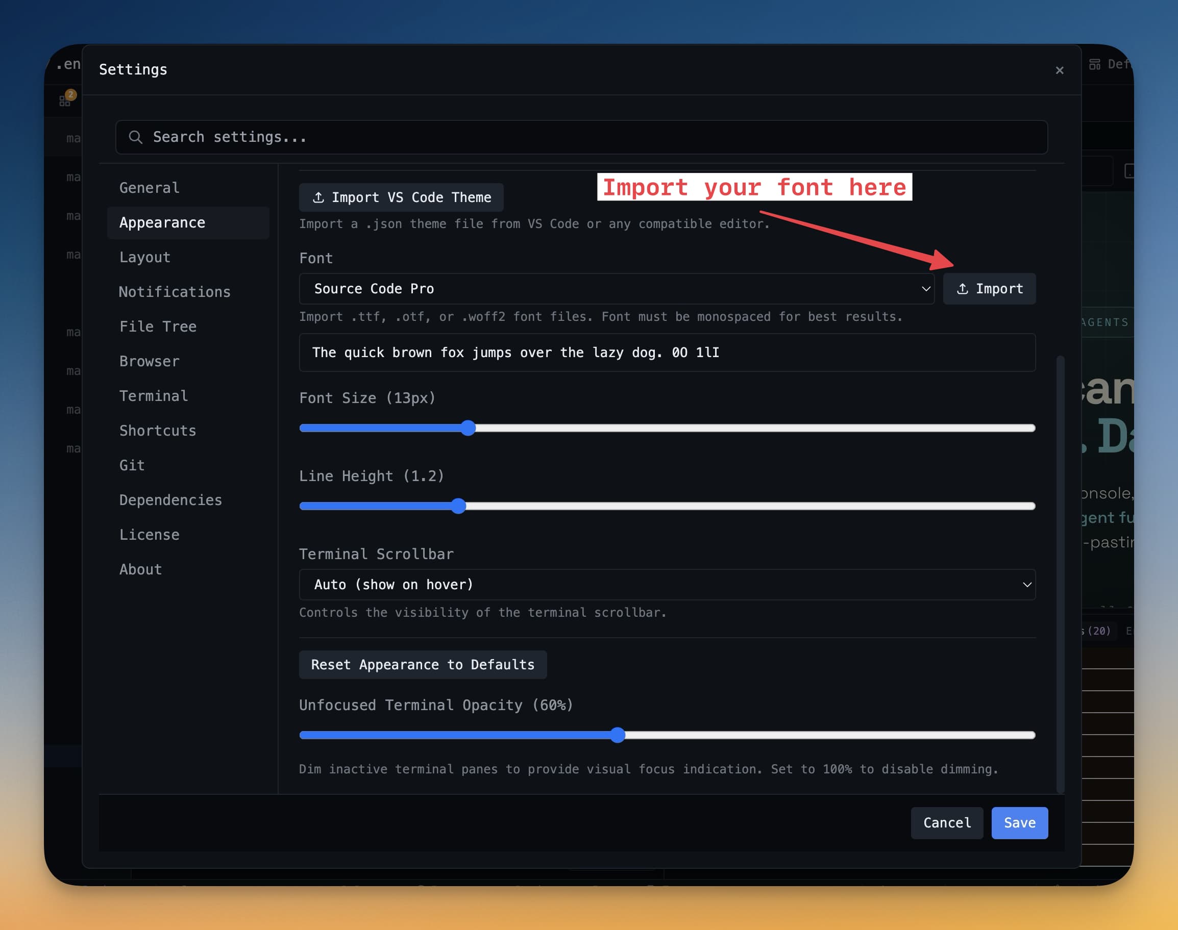 Terminal font settings