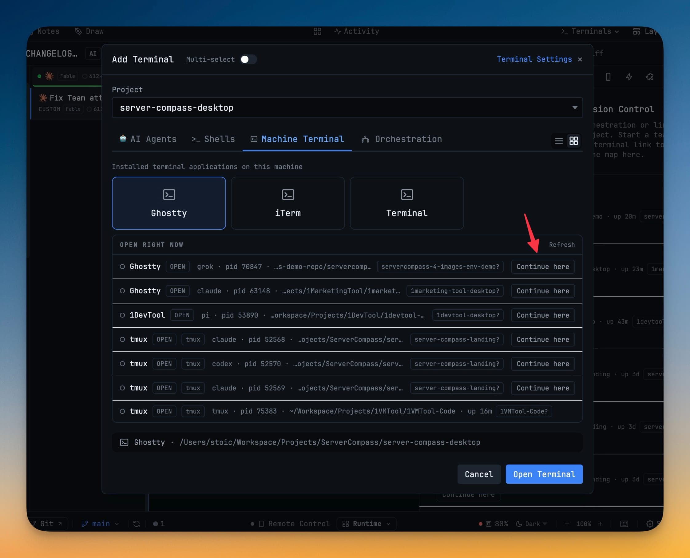See every terminal on your machine — and continue the work here