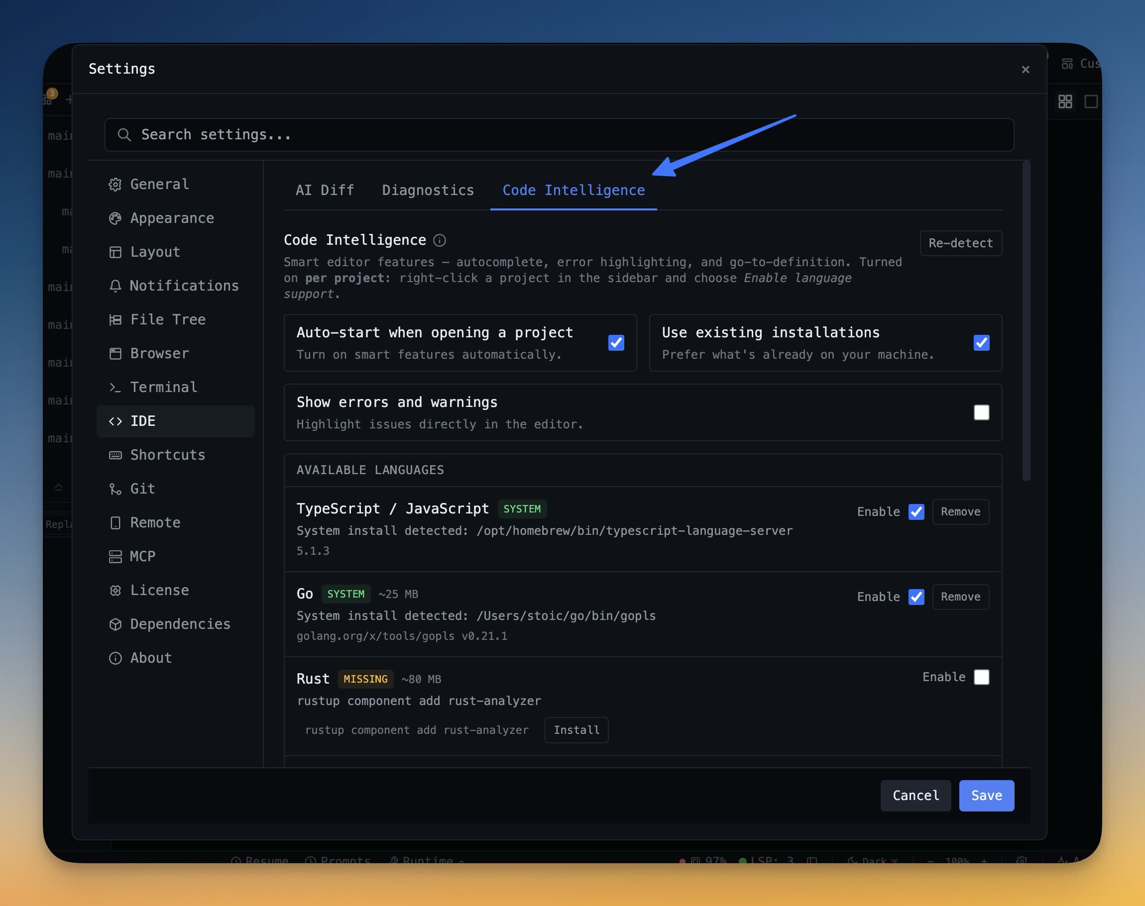 Per-Project Code Intelligence and an AI Diff Review Panel for Claude Code Sessions