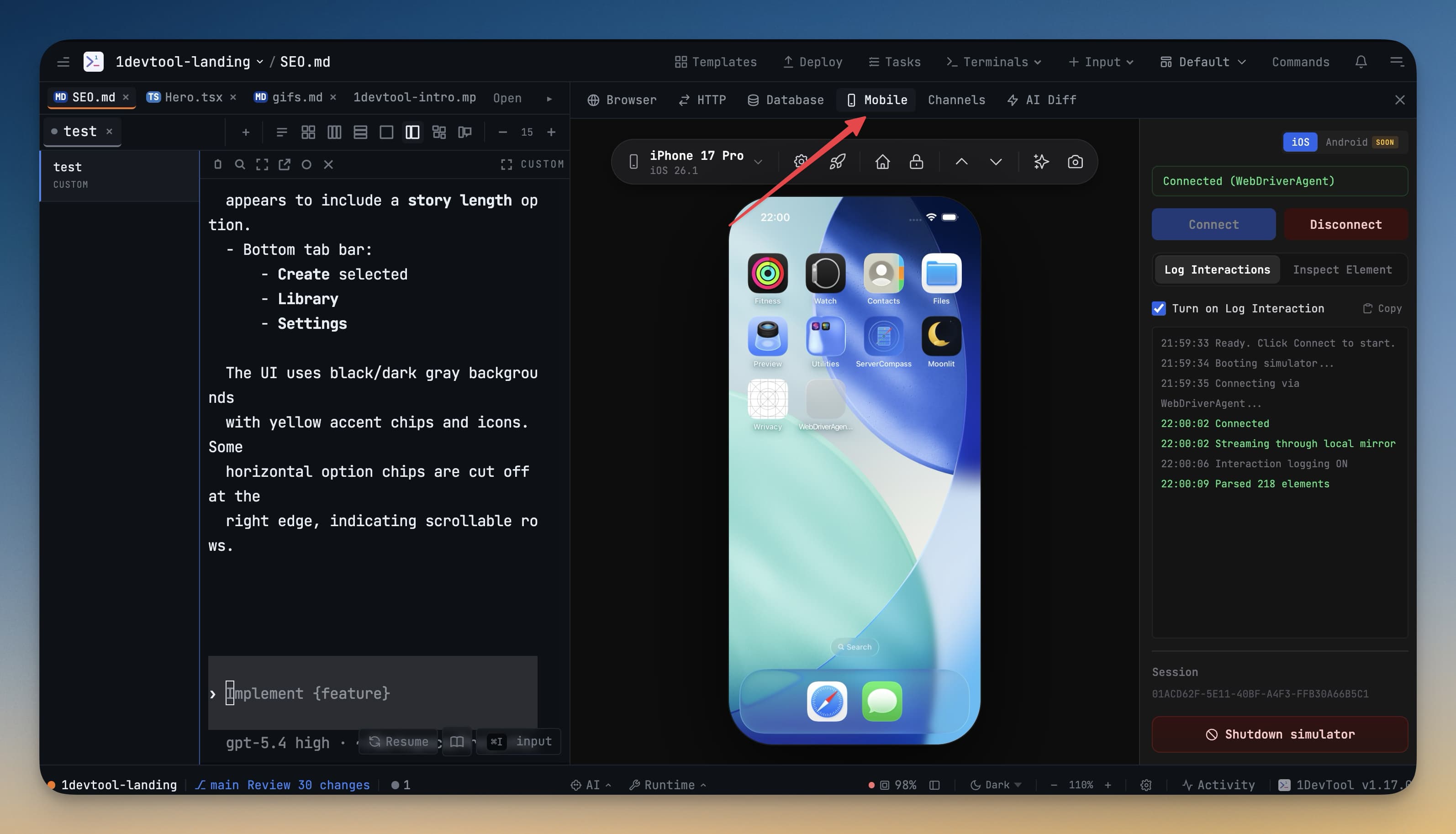 iOS Simulator Mirror and an IDE-Style Database Workspace in 1DevTool
