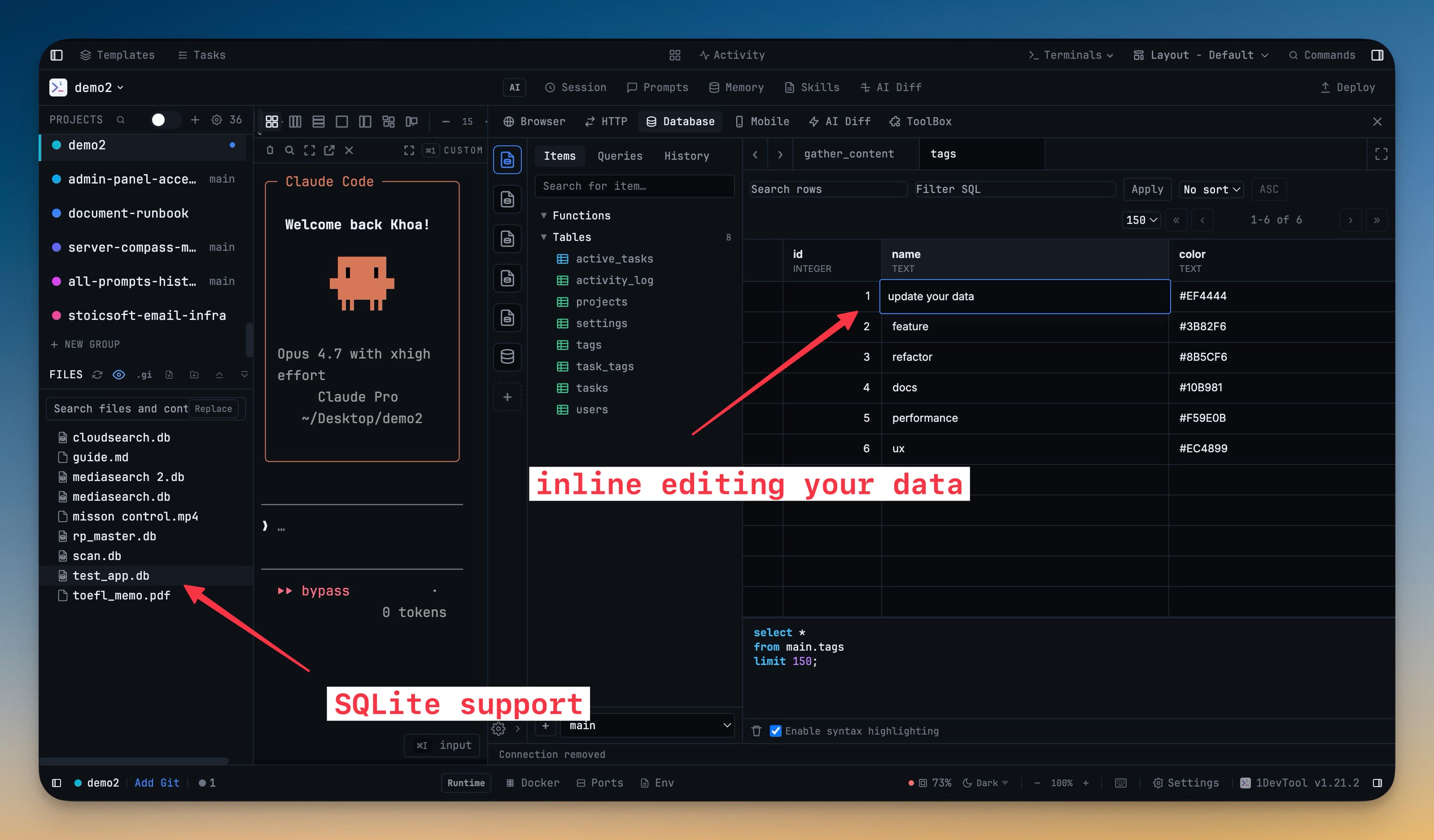 Click any .sqlite file to start querying — no connection setup