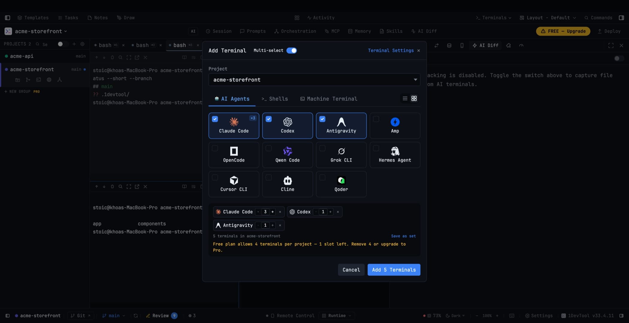 Multi-select ในกล่องโต้ตอบ Add Terminal