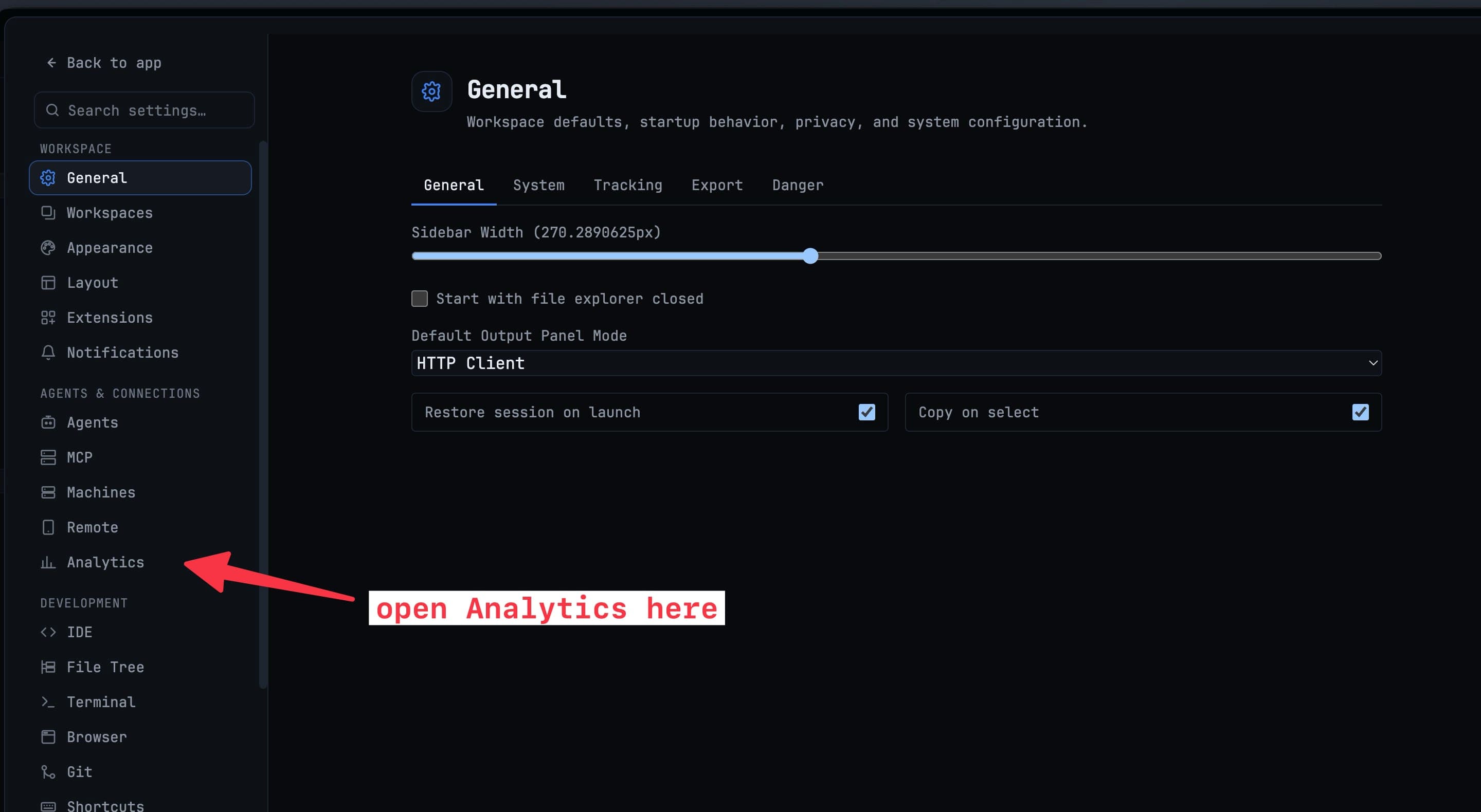 Settings-sivupalkki, jossa Analytics-kohta on Agents- ja Connections-osien alla