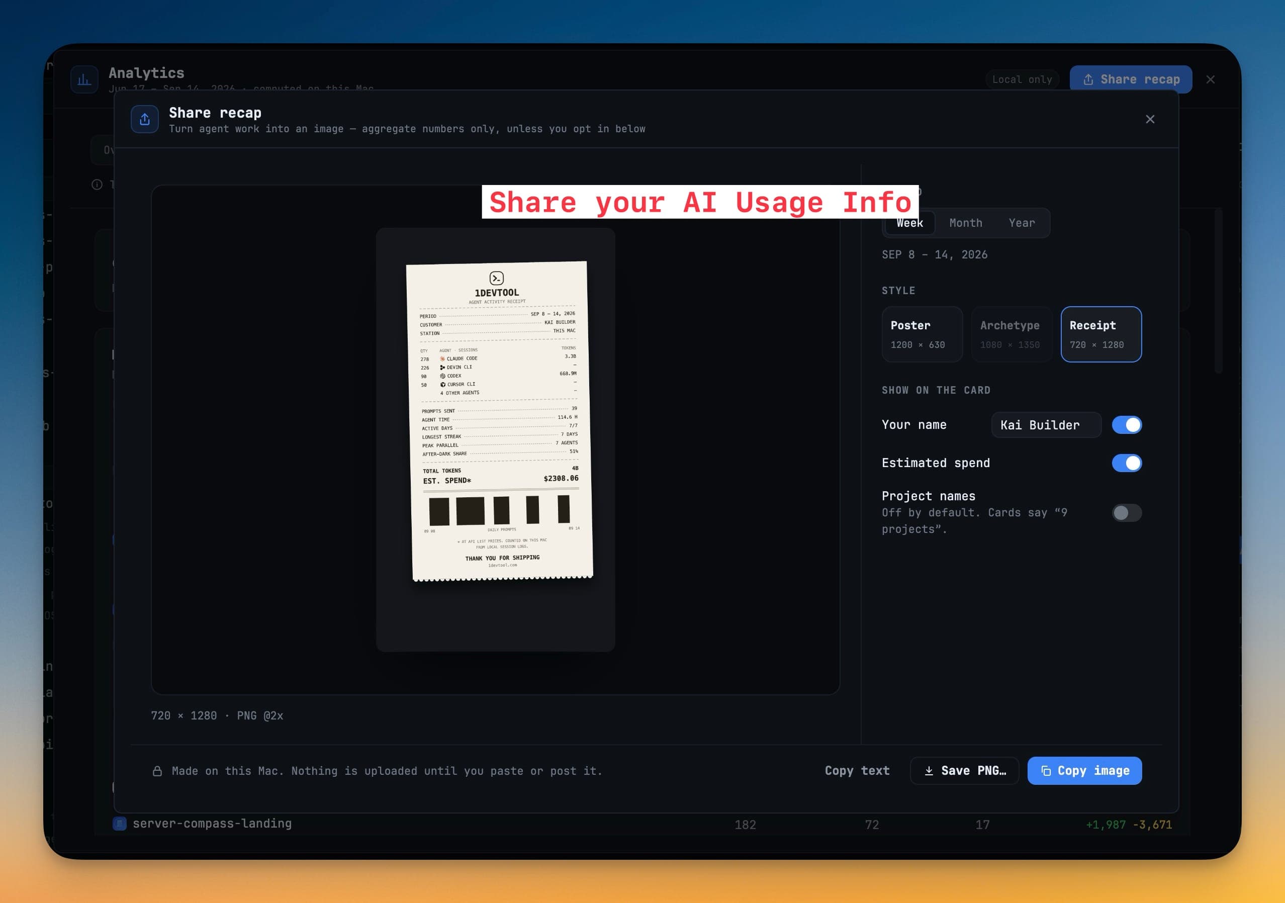 Share recap -dialogi esittelemässä Receipt-tyylistä viikkokorttia; jaksona Week, Month tai Year, tyyleinä Poster, Archetype ja Receipt sekä valitsimet nimellesi, arviolle kulutukselle ja projektien nimille