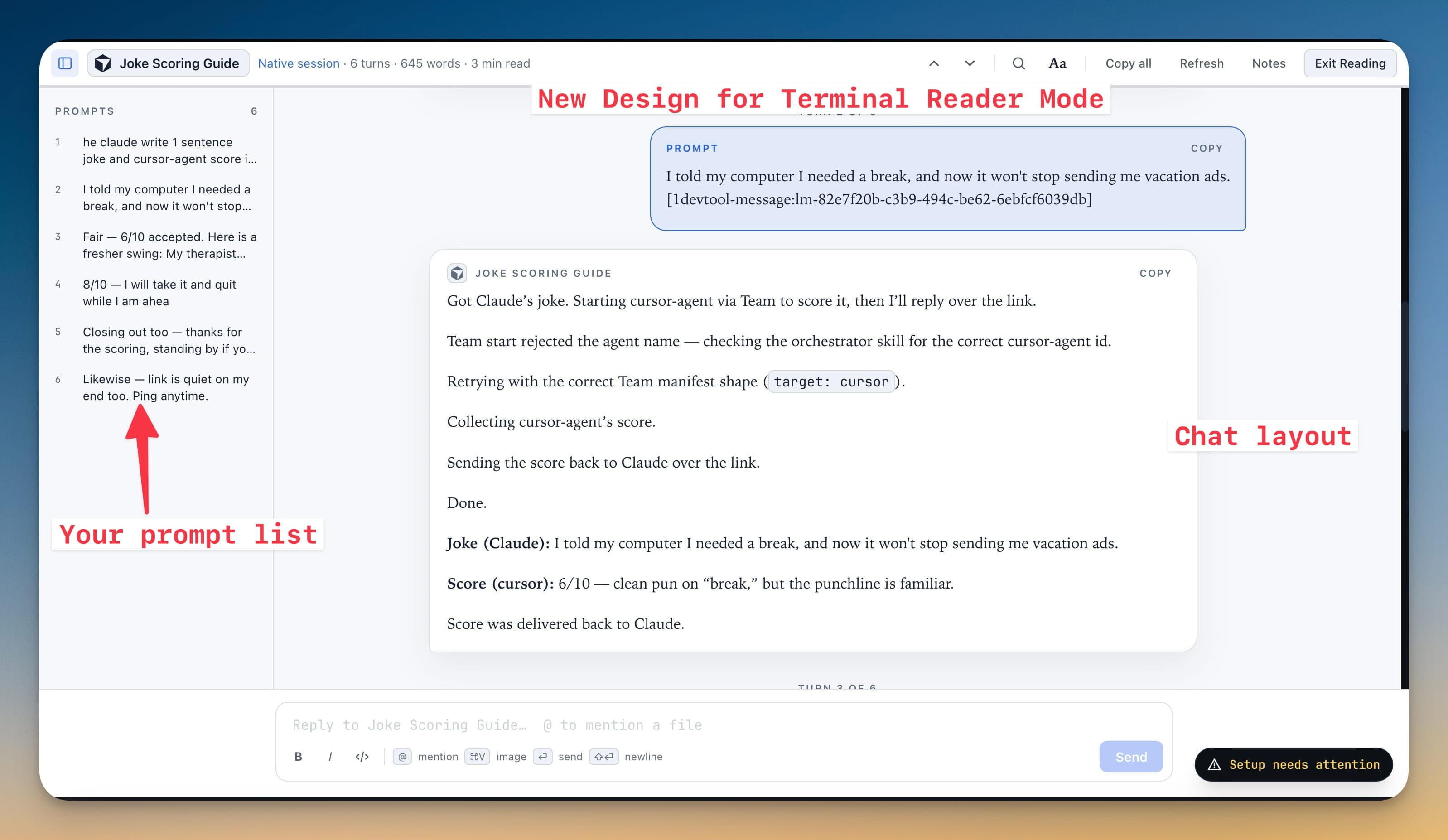 Redesigned Terminal Reader Mode on the Paper canvas in Chat layout, with the Prompts rail on the left, a prompt card and the agent's reply, and a reply composer at the bottom