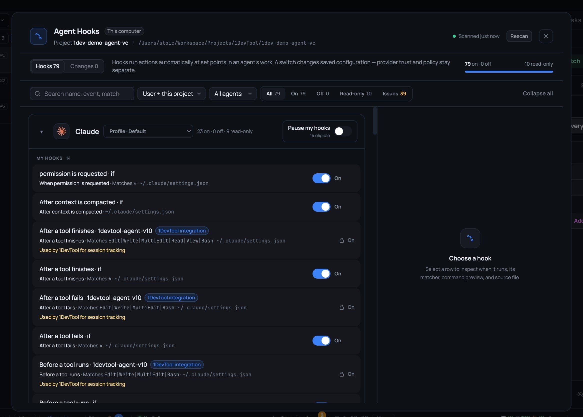 The Agent Hooks dialog listing 79 hooks grouped by agent, with each row naming when it runs and its config file, read-only 1DevTool integrations marked, and a Pause my hooks switch