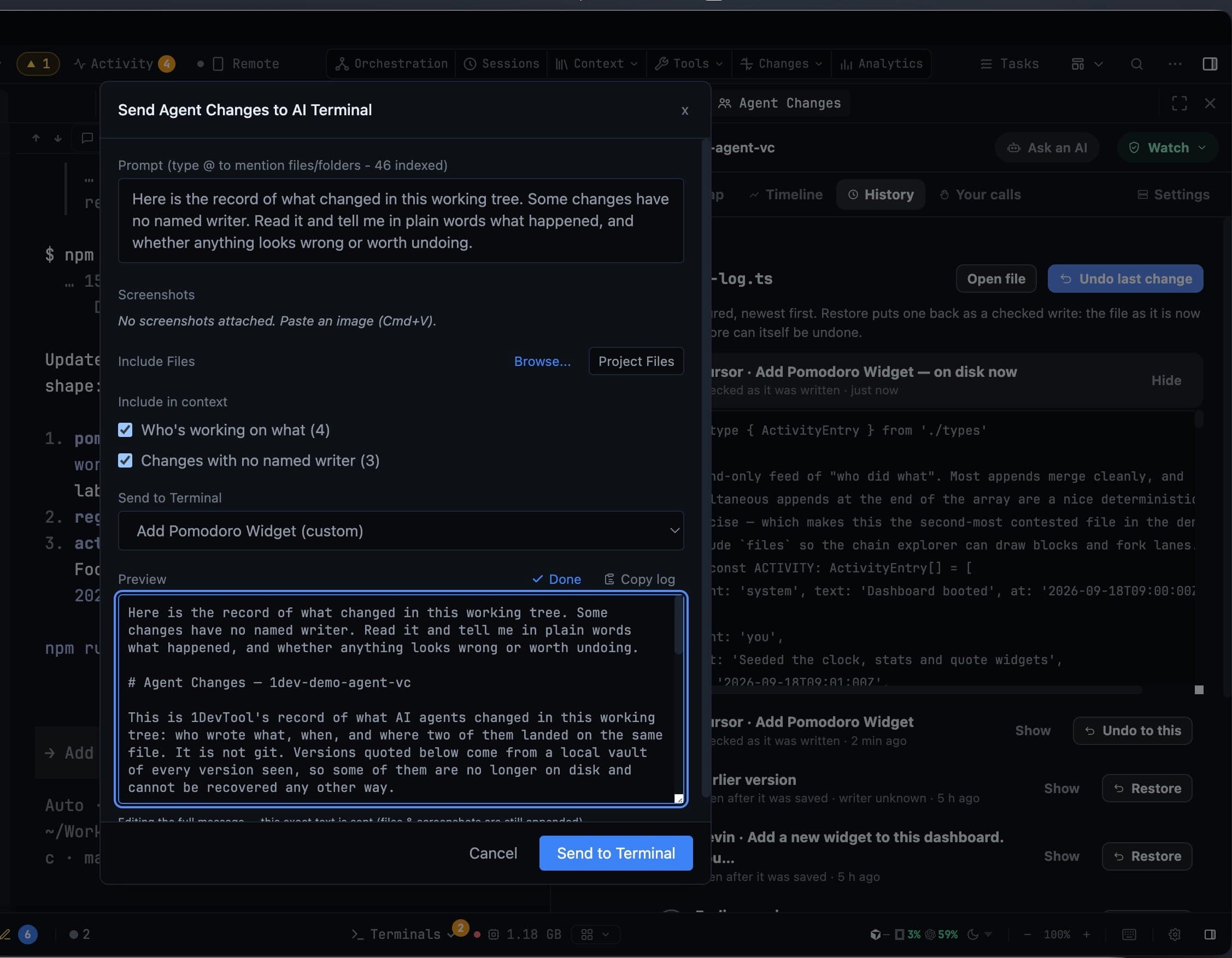 Send Agent Changes to AI Terminal -valintaikkuna, tallennettu konteksti valittuna ja esikatselu tarkasta viestistä