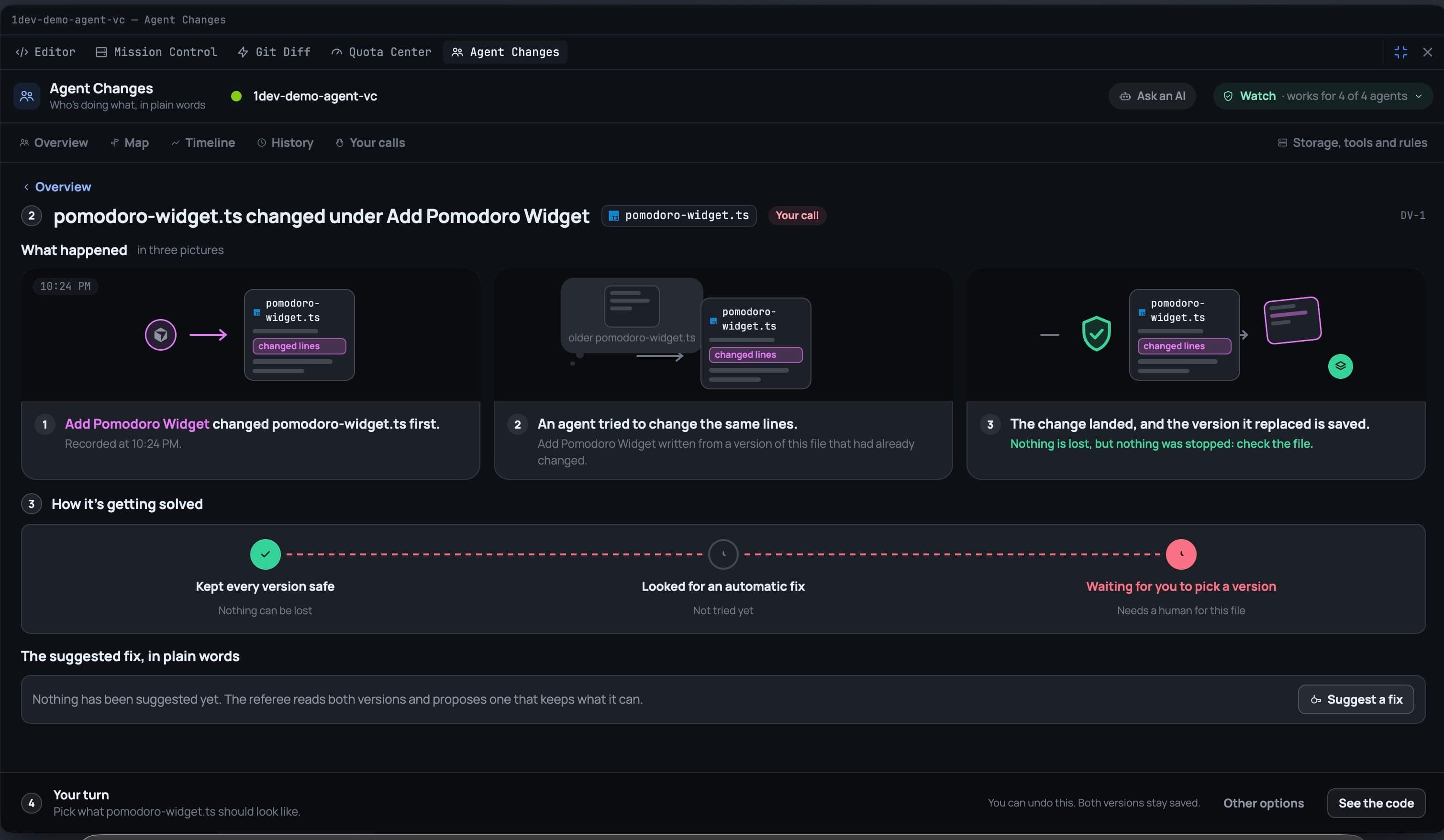 Konfliktiarvostelu tiedostolle pomodoro-widget.ts, joka selittää tapahtuneen kolmessa kuvassa, ratkaisun tila, Suggest a fix -painike ja Your turn -paneeli, joka kertoo molempien versioiden säilyvän