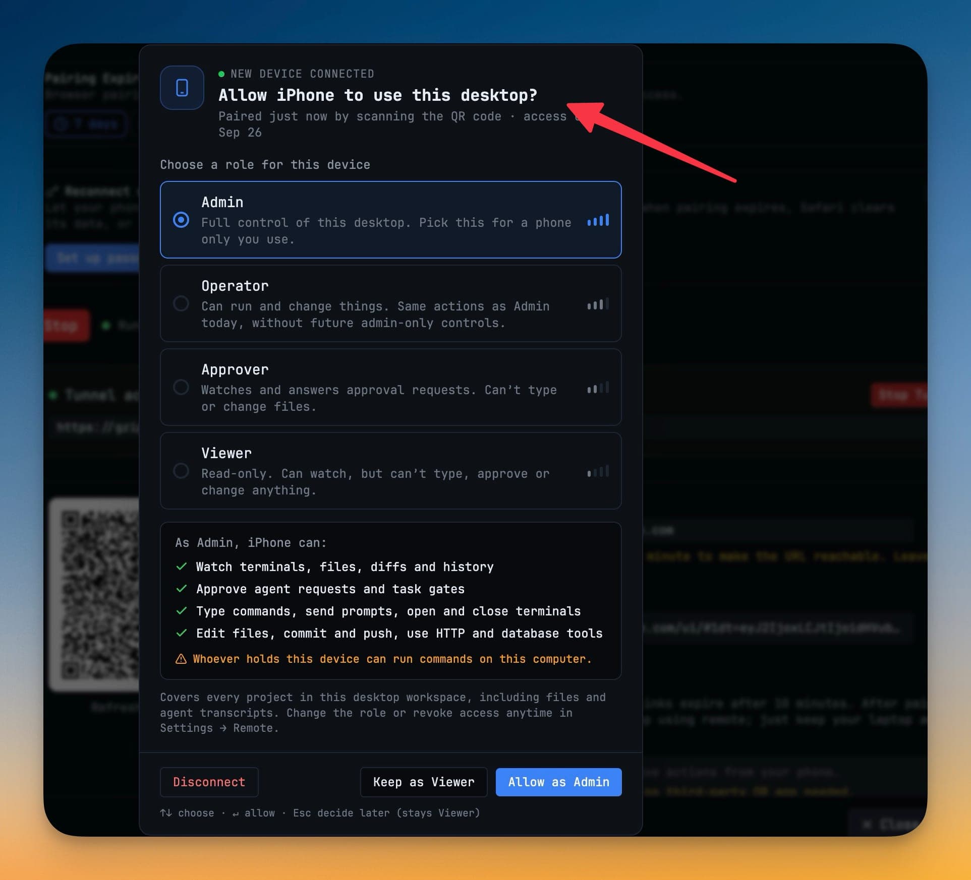 The Allow iPhone to use this desktop prompt with Admin, Operator, Approver and Viewer roles and a checklist of what Admin unlocks, warning that whoever holds the device can run commands