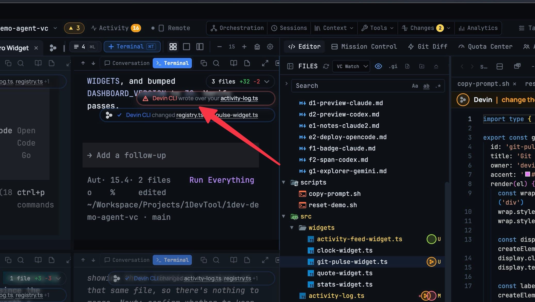 Punainen Devin CLI wrote over your activity-log.ts -merkki terminaalin päällä, vieressä File Explorer, jossa renkaat näkyvät muuttuneissa tiedostoissa