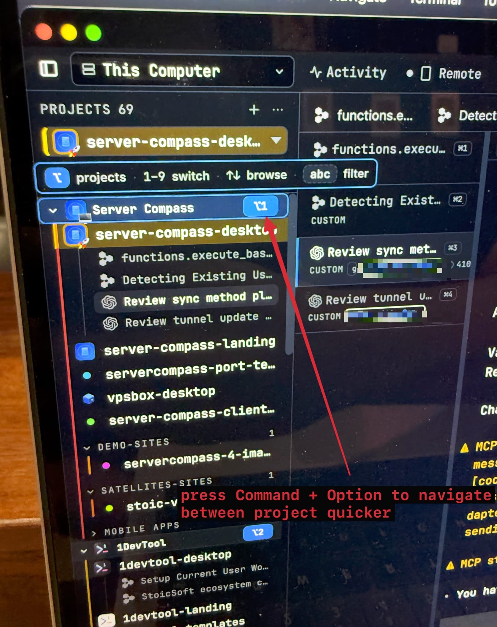 The project plane over the sidebar with an Opt+1 badge on a project group and a hint bar reading projects, 1-9 switch, up-down browse, abc filter