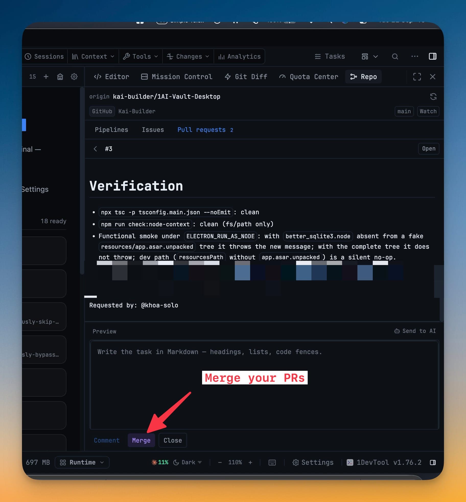 A pull request open in the detail view, its description and comment thread above Comment, Merge and Close actions with a Send to AI button