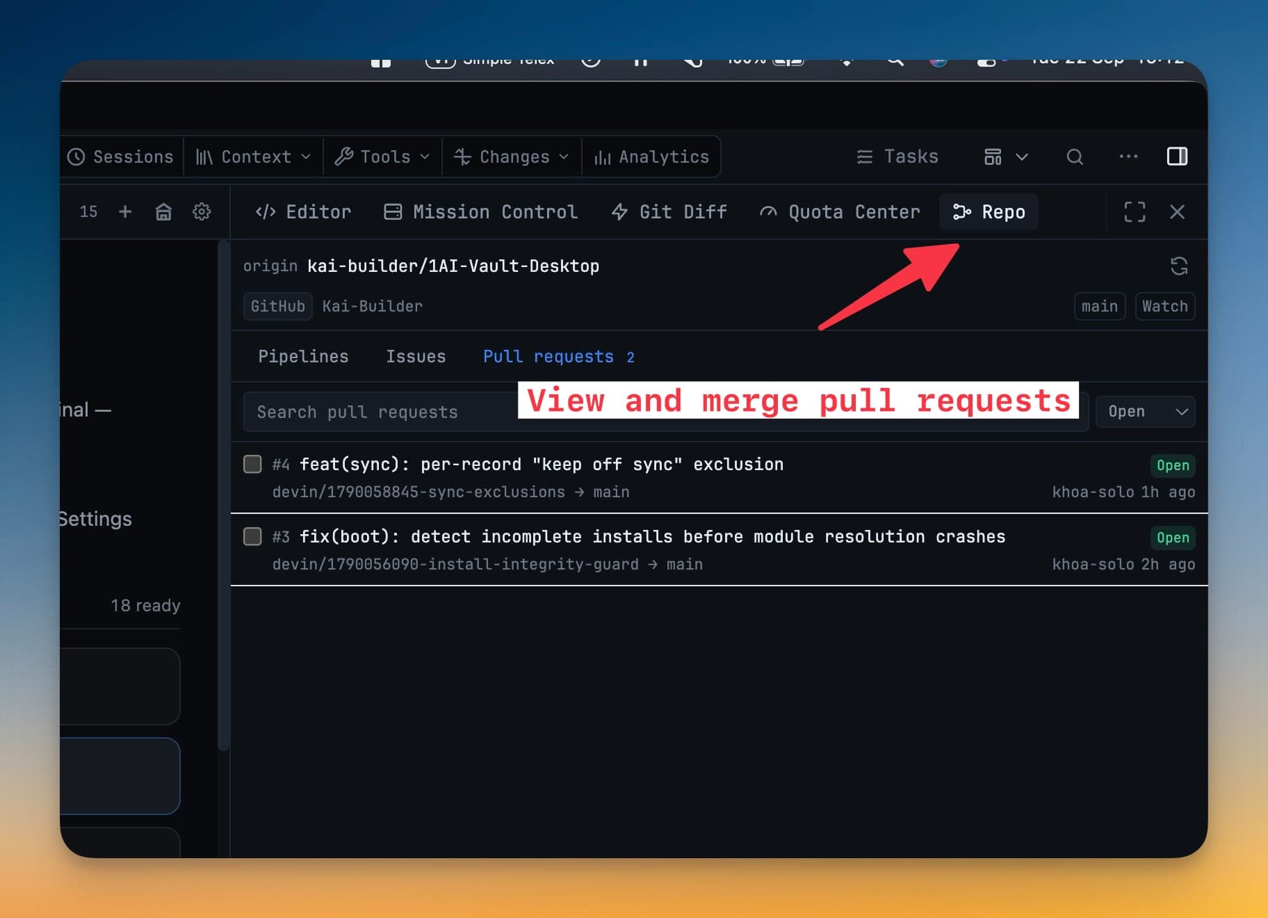 The Pull requests tab in the Repo panel listing two open requests with their branches and authors, and an open count on the tab