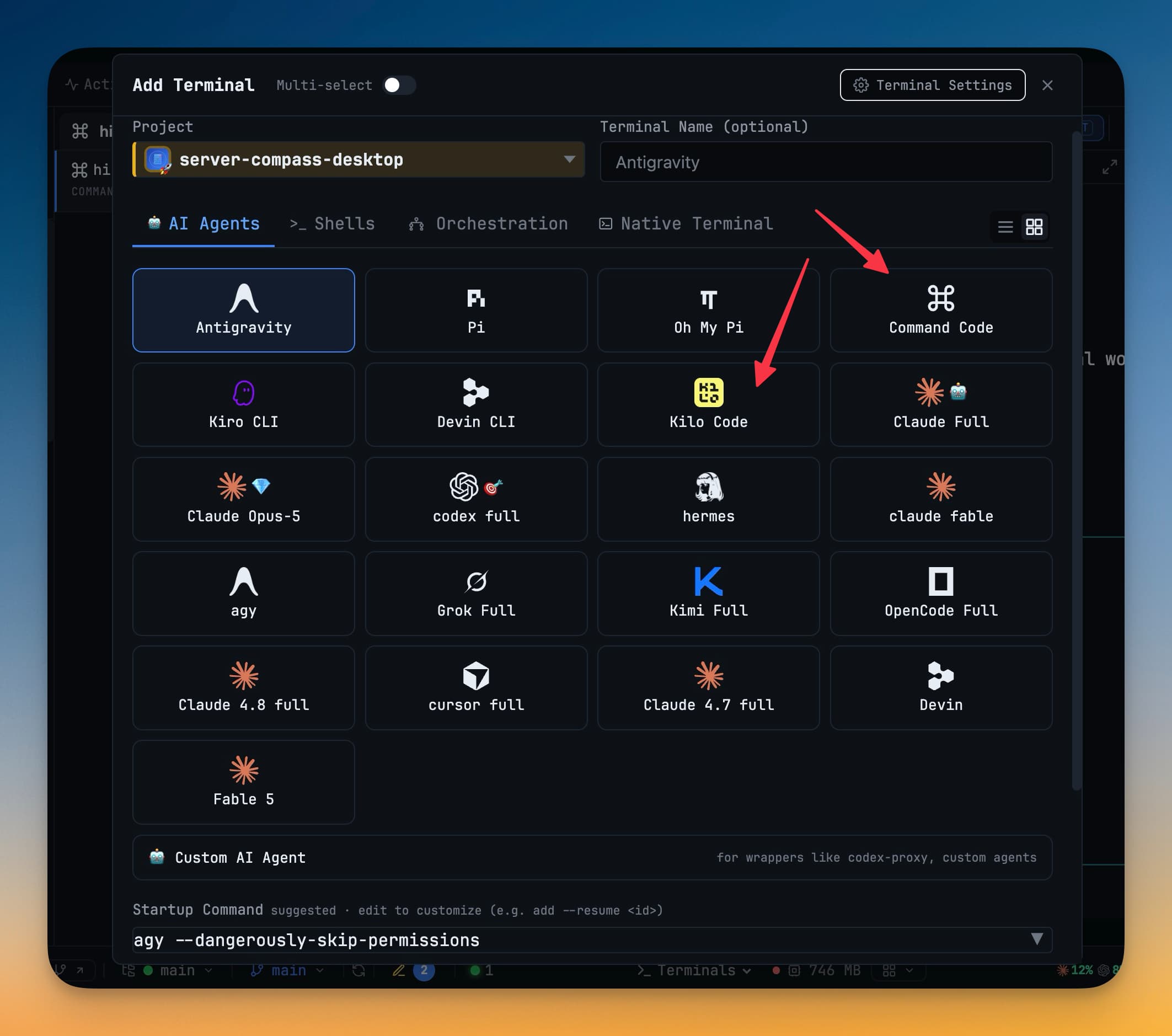 Command Code and Kilo Code are now built-in agents