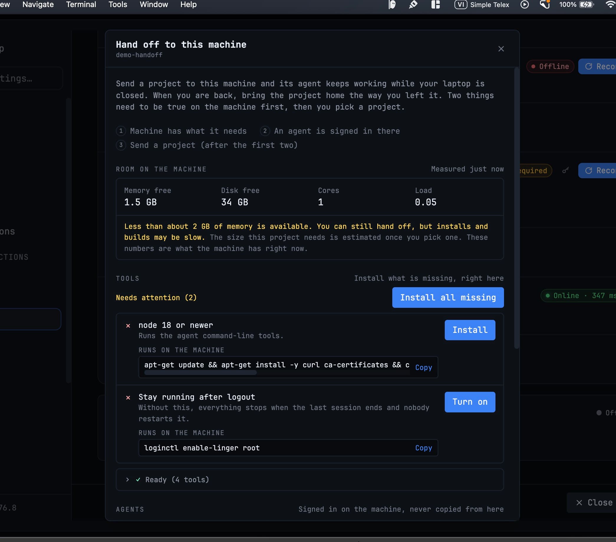 이 머신으로 핸드오프 시트: 여유 메모리, 디스크, 코어, 부하가 표시되고 Needs attention 아래에 node 18과 Stay running after logout이 Install 및 Turn on 버튼과 함께 나열되어 있습니다
